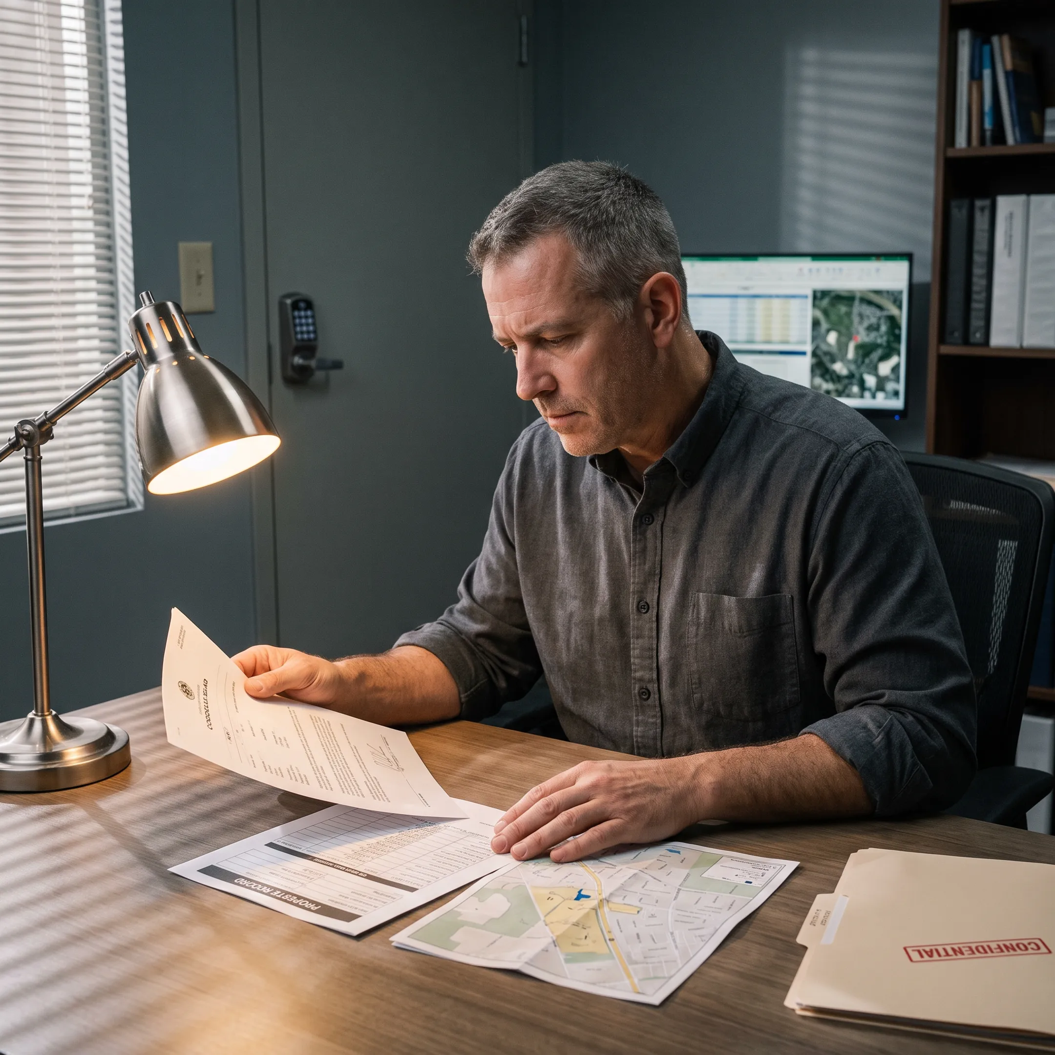 Investigator reviewing asset search records