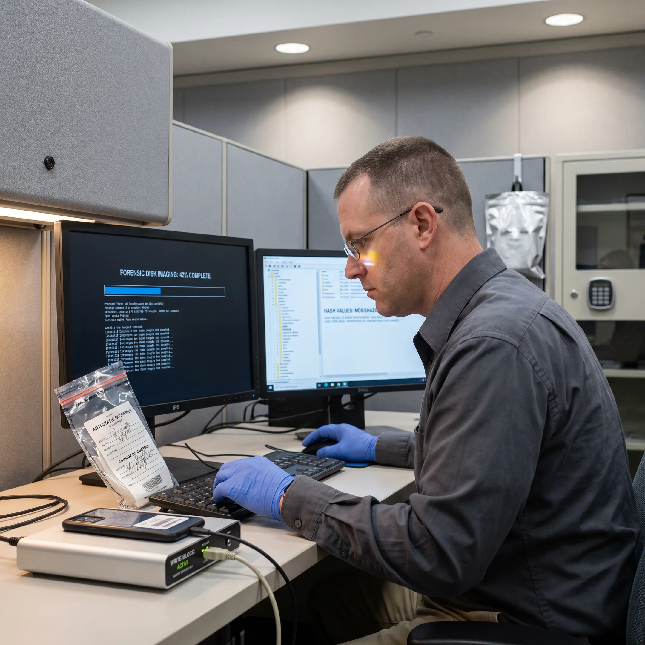 Forensic analyst examining digital device evidence