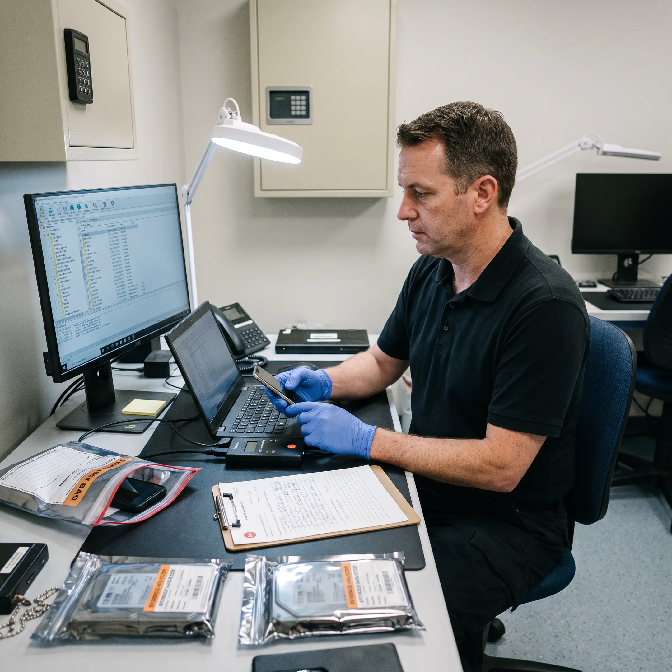 Forensic examiner analyzing a compromised laptop