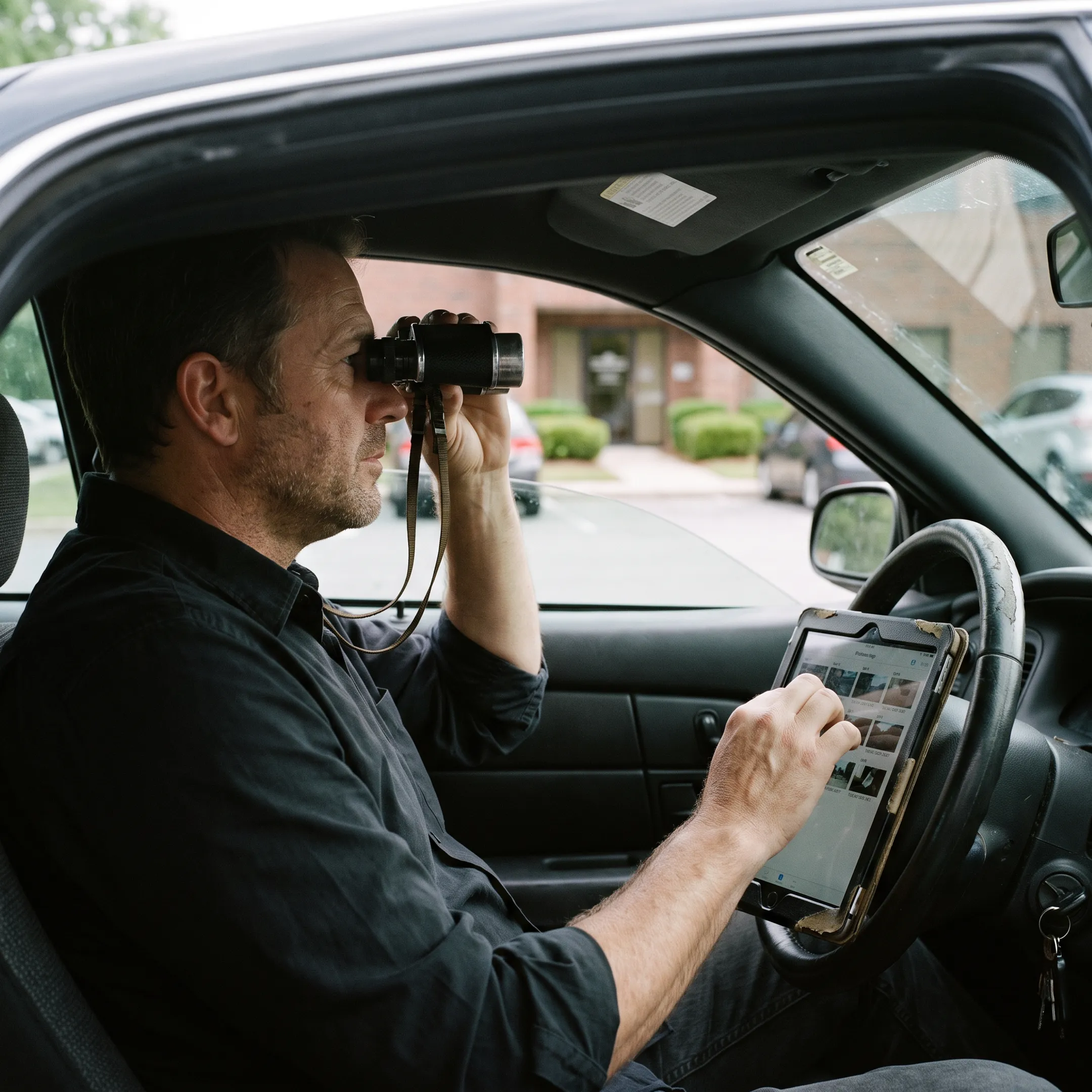 Investigator conducting discreet vehicle surveillance