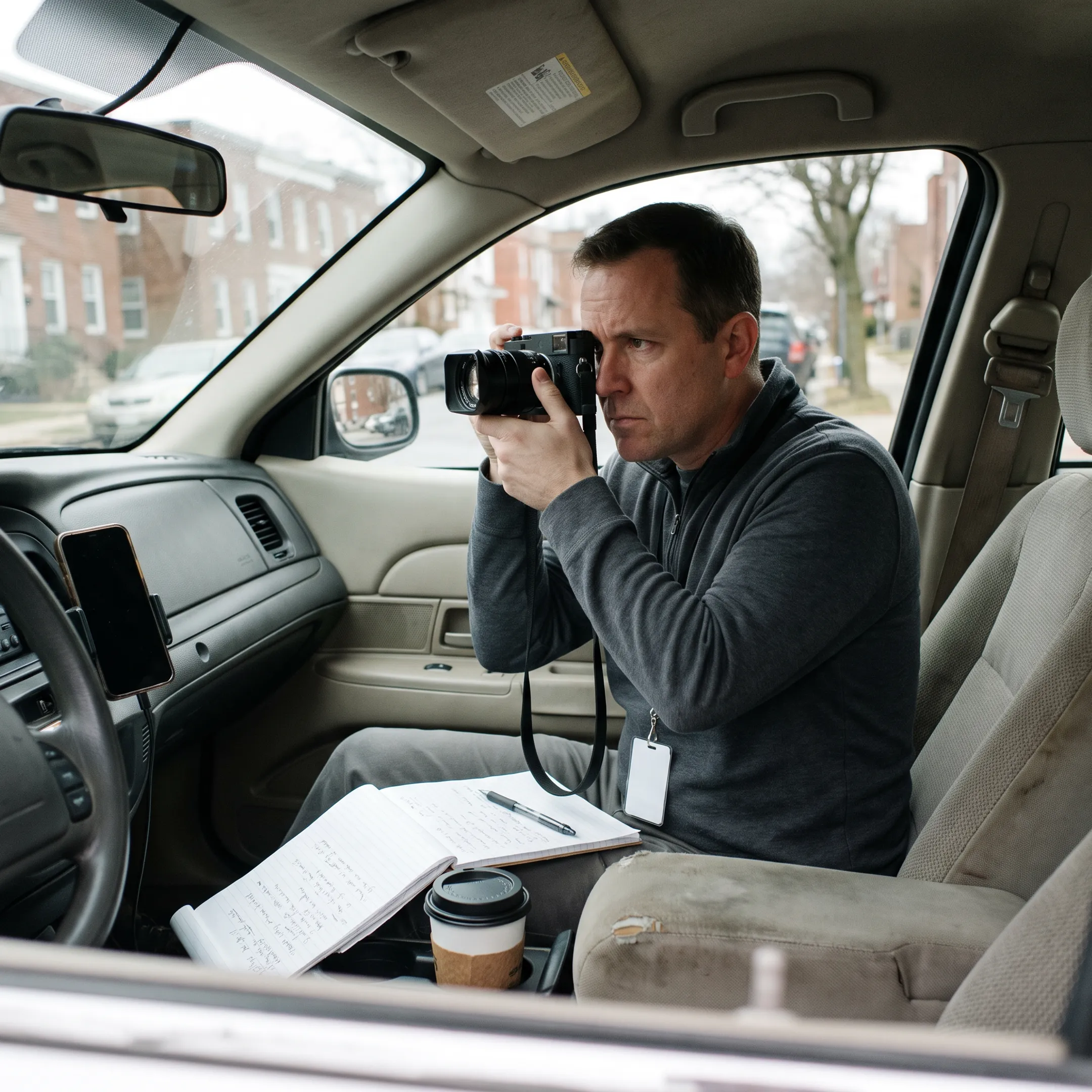 Investigator conducting discreet surveillance from a parked vehicle