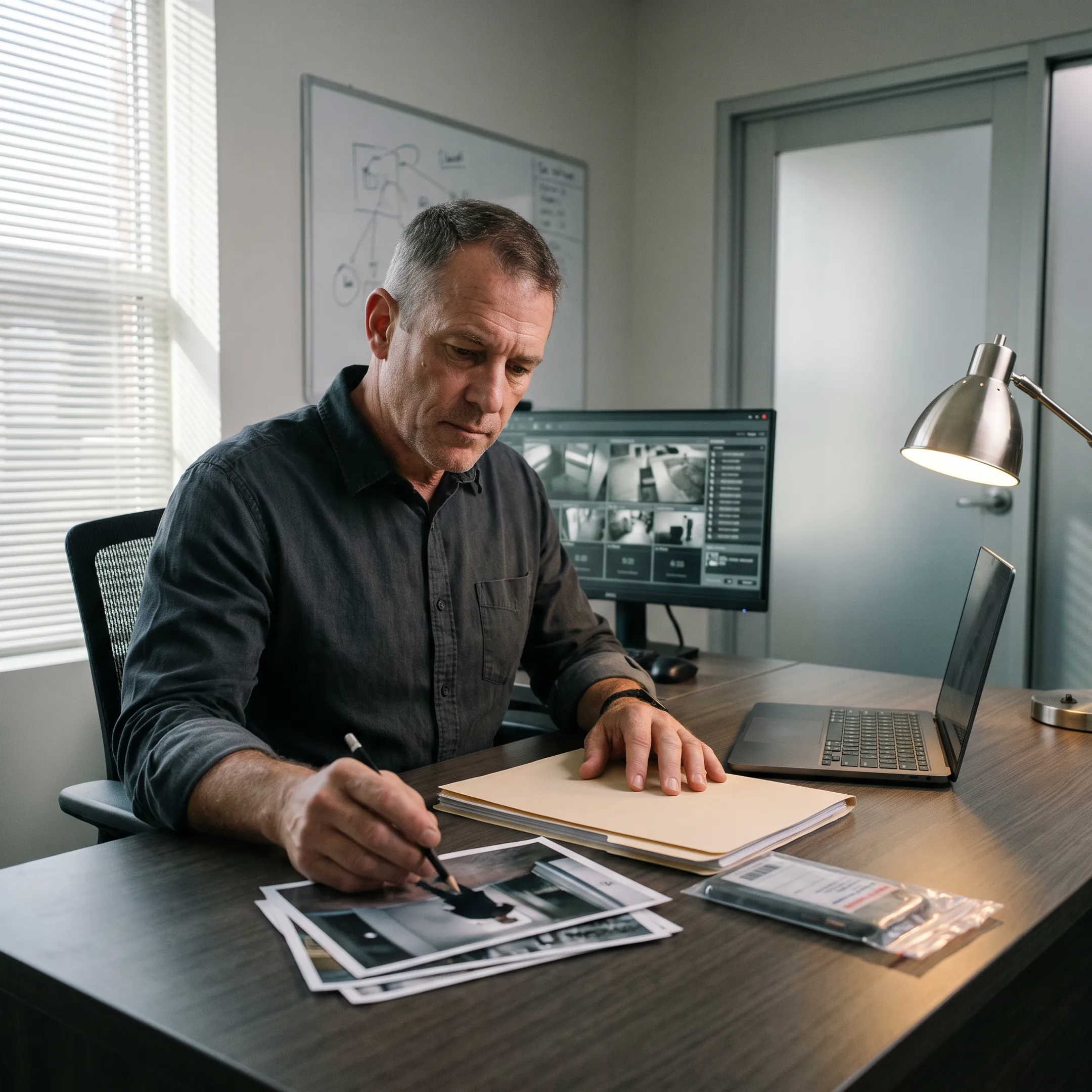 Private investigator reviewing case evidence