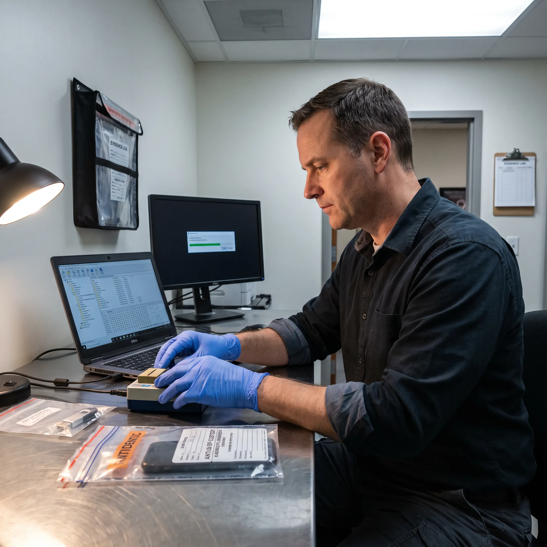 Digital forensic examiner analyzing electronic evidence