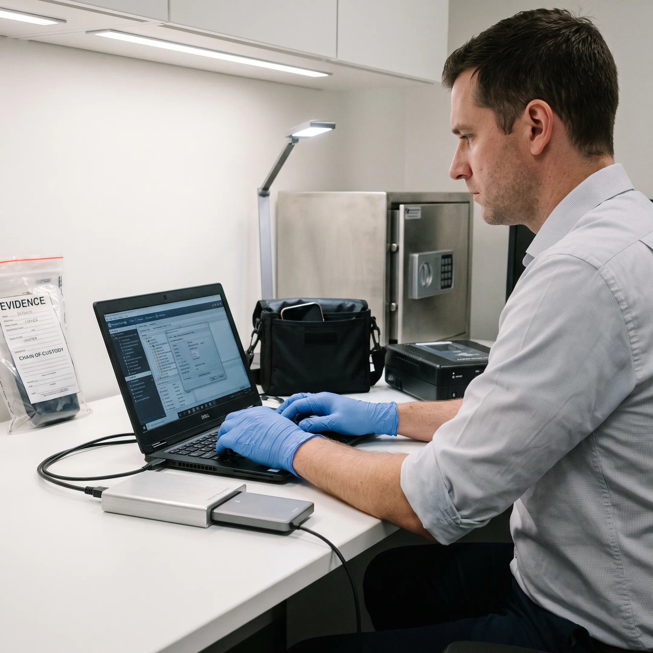 Forensic examiner documenting digital evidence