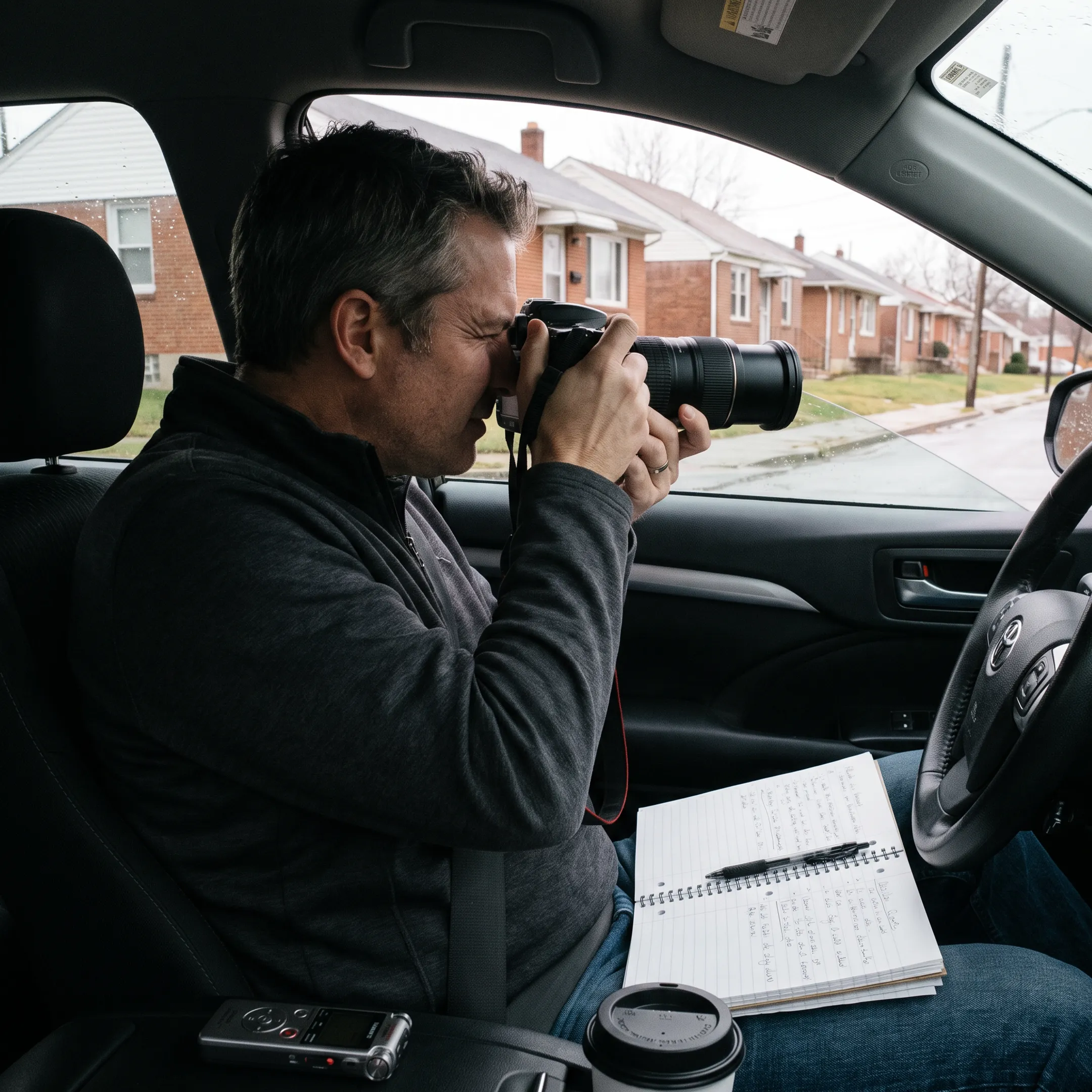 Private investigator conducting discreet surveillance from a vehicle