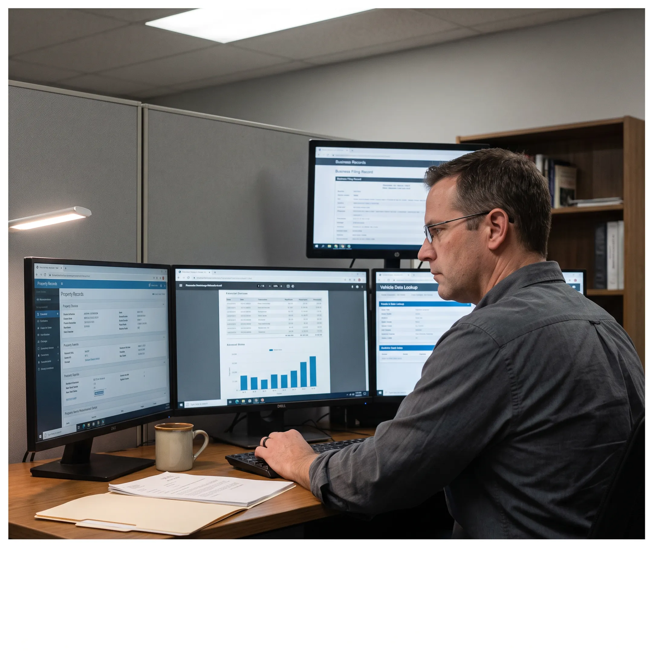 Investigator reviewing asset search records