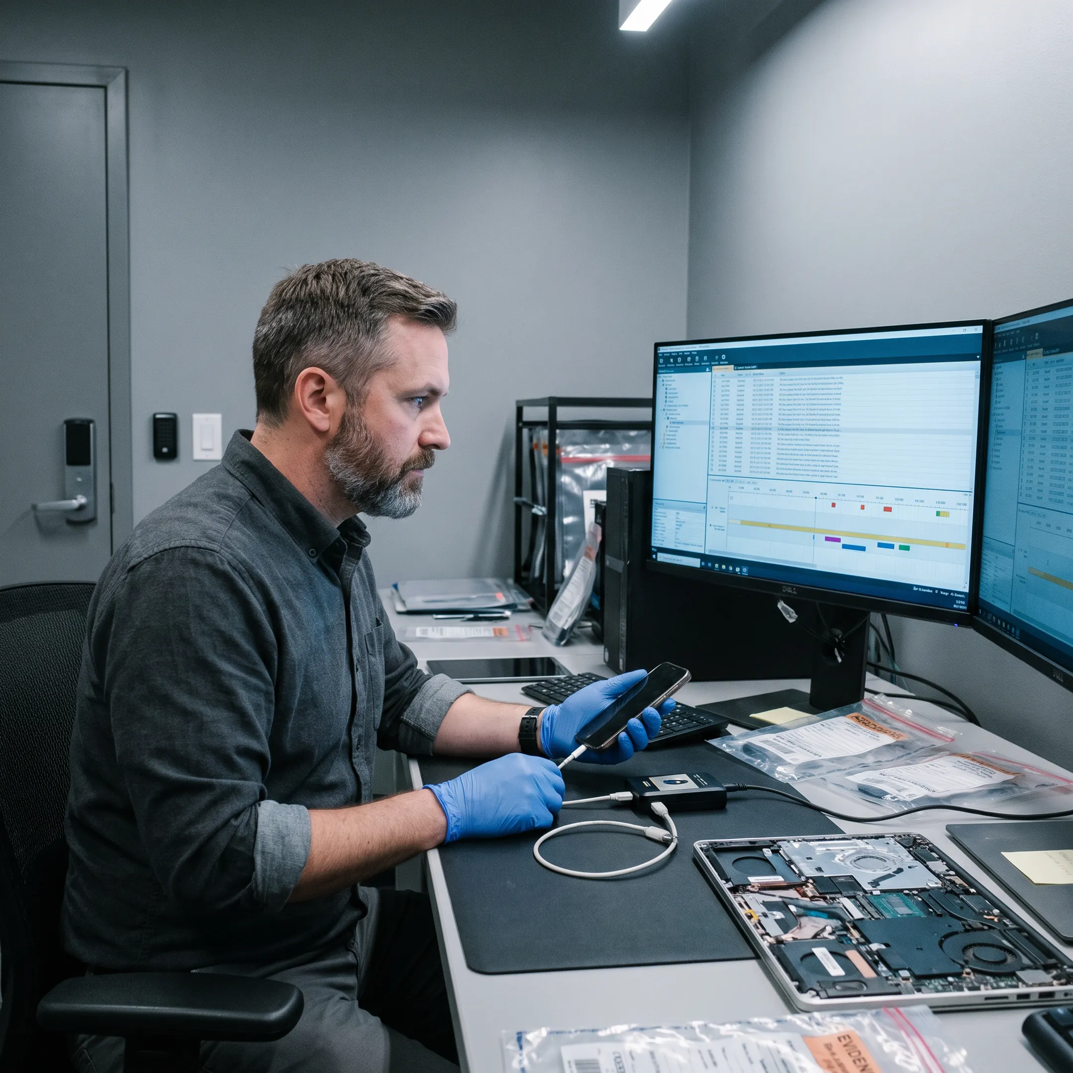 Digital forensic examiner analyzing electronic evidence