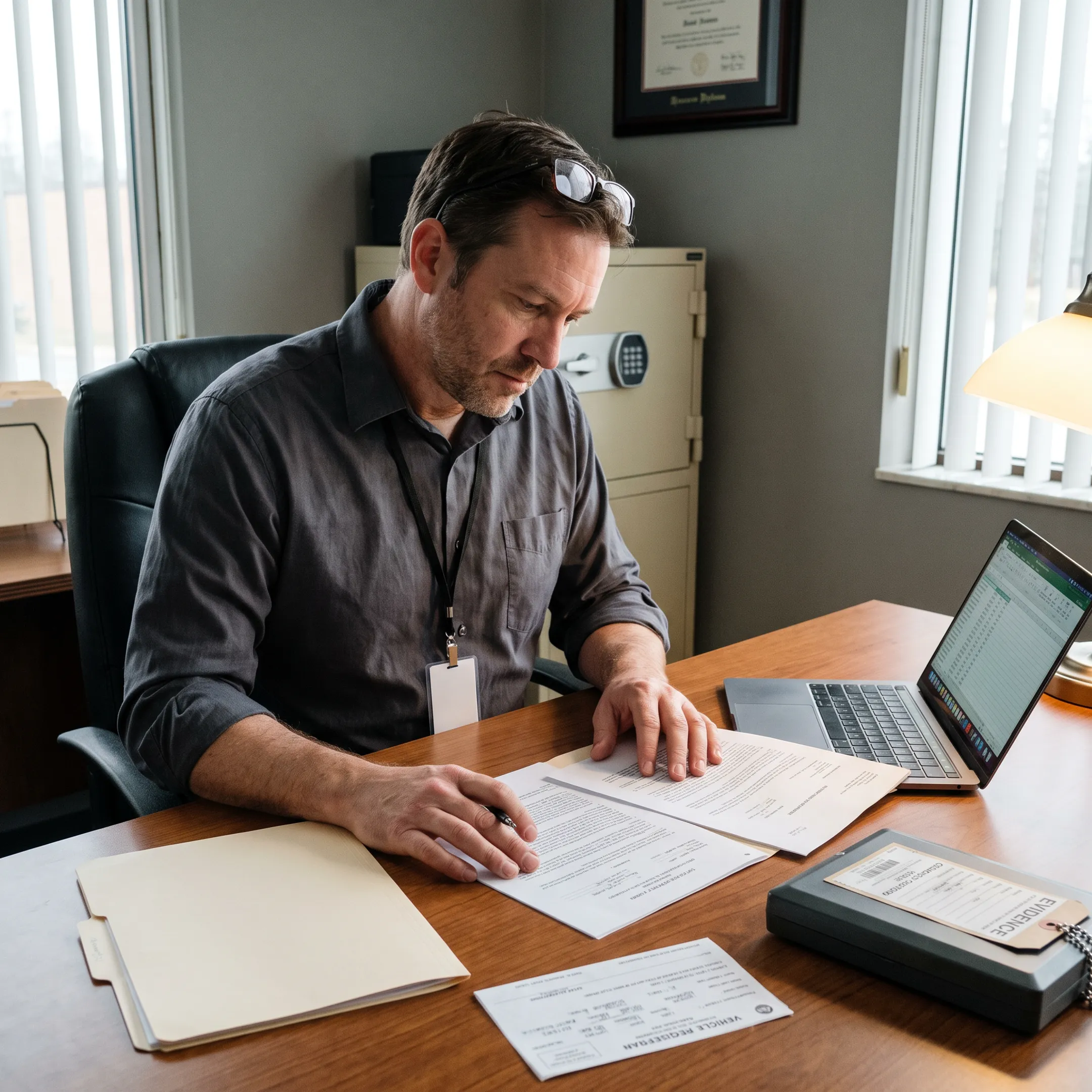 Investigator reviewing asset search records