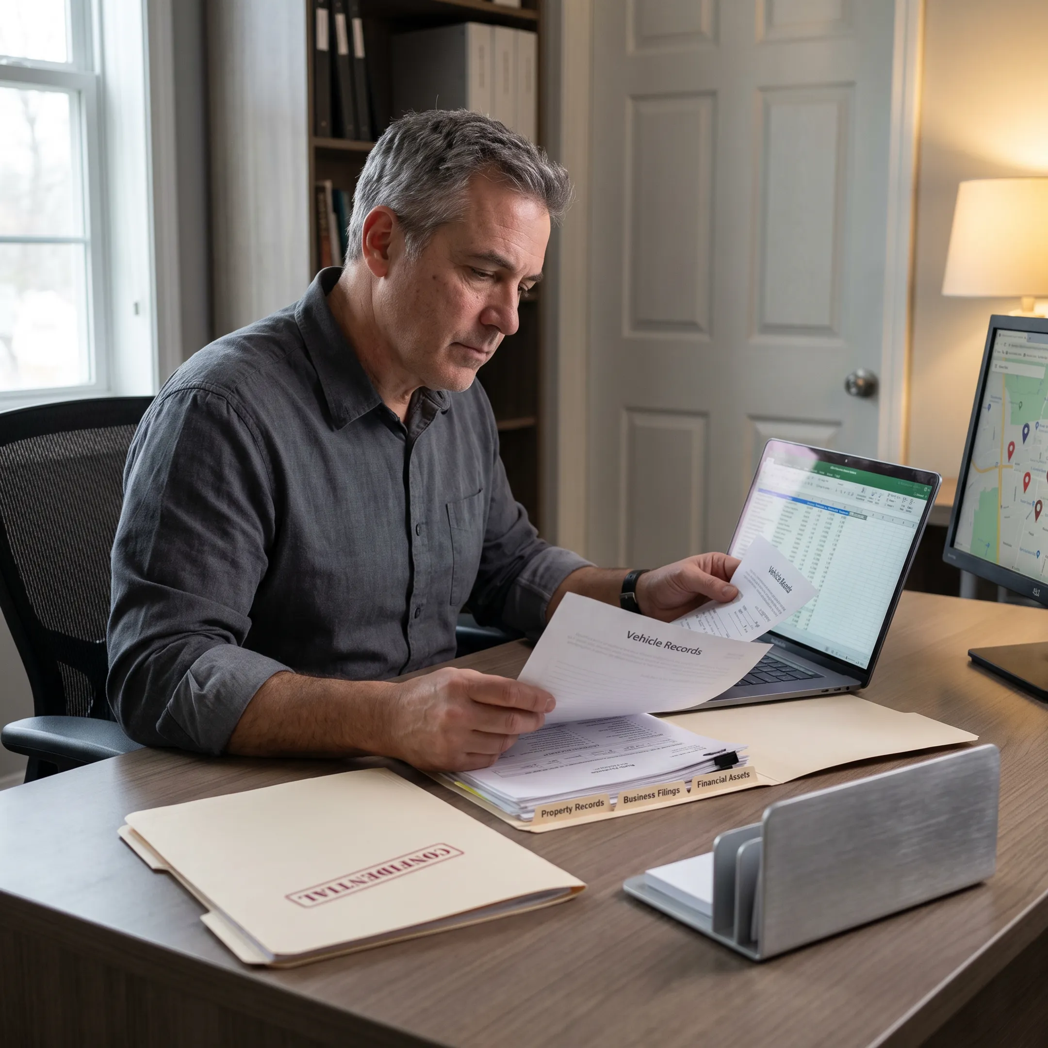 Investigator organizing asset search findings