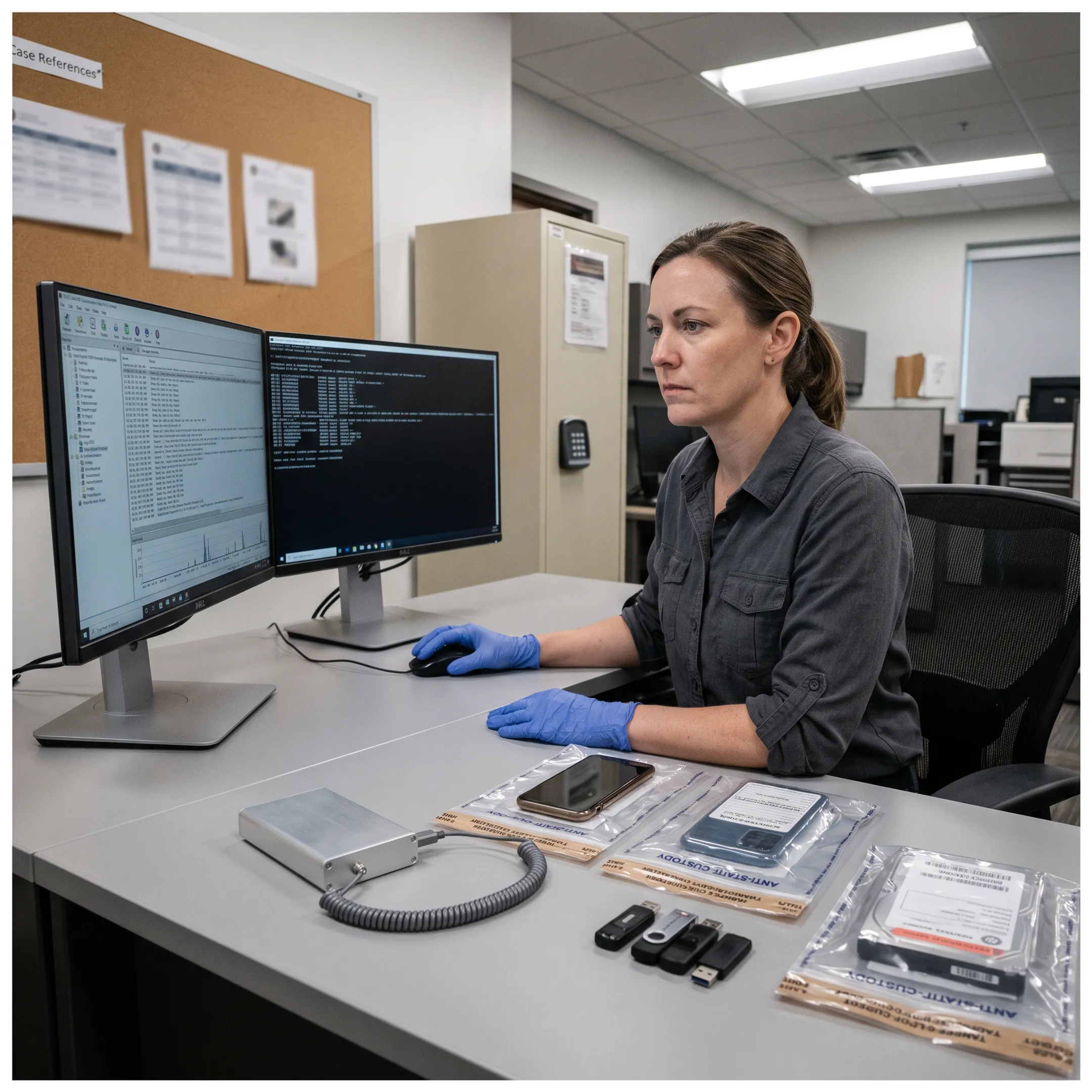 Forensic specialist reviewing digital evidence