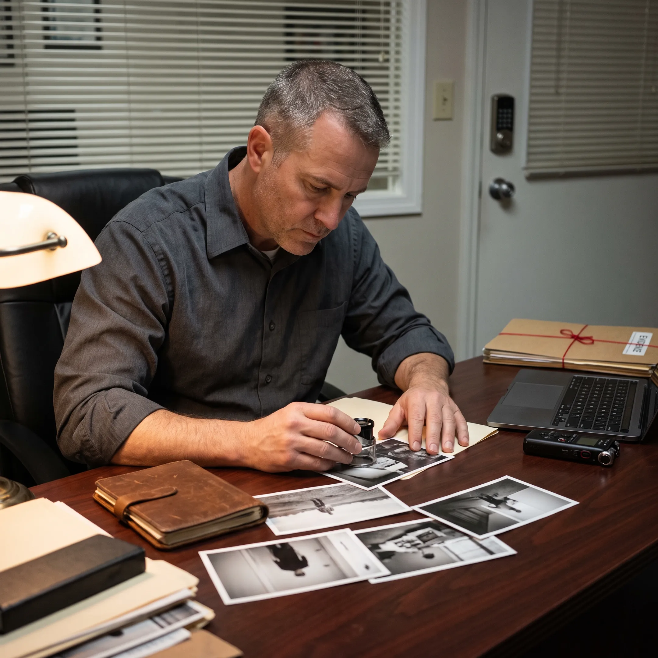 Investigator reviewing surveillance evidence