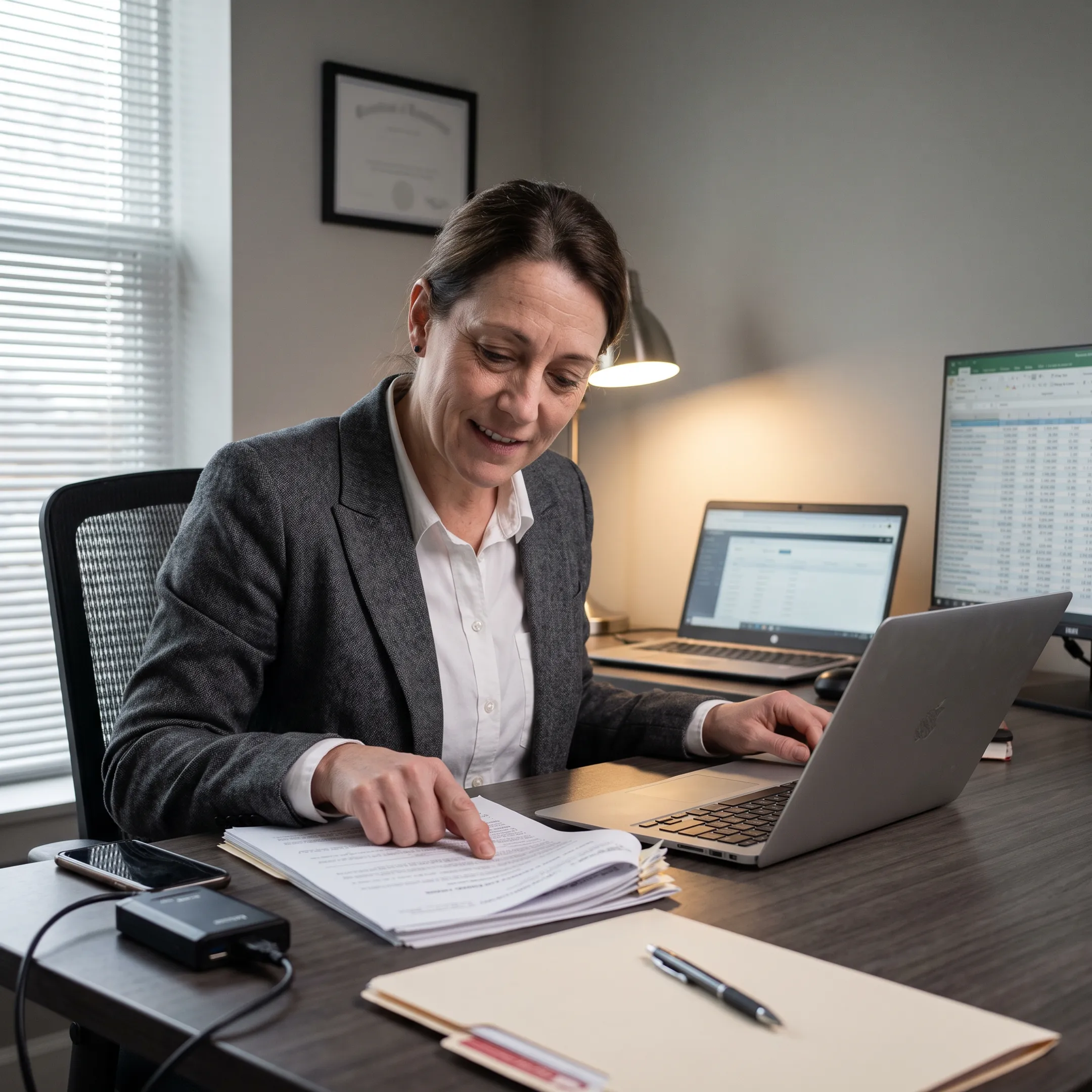 Investigator reviewing asset records and financial documents