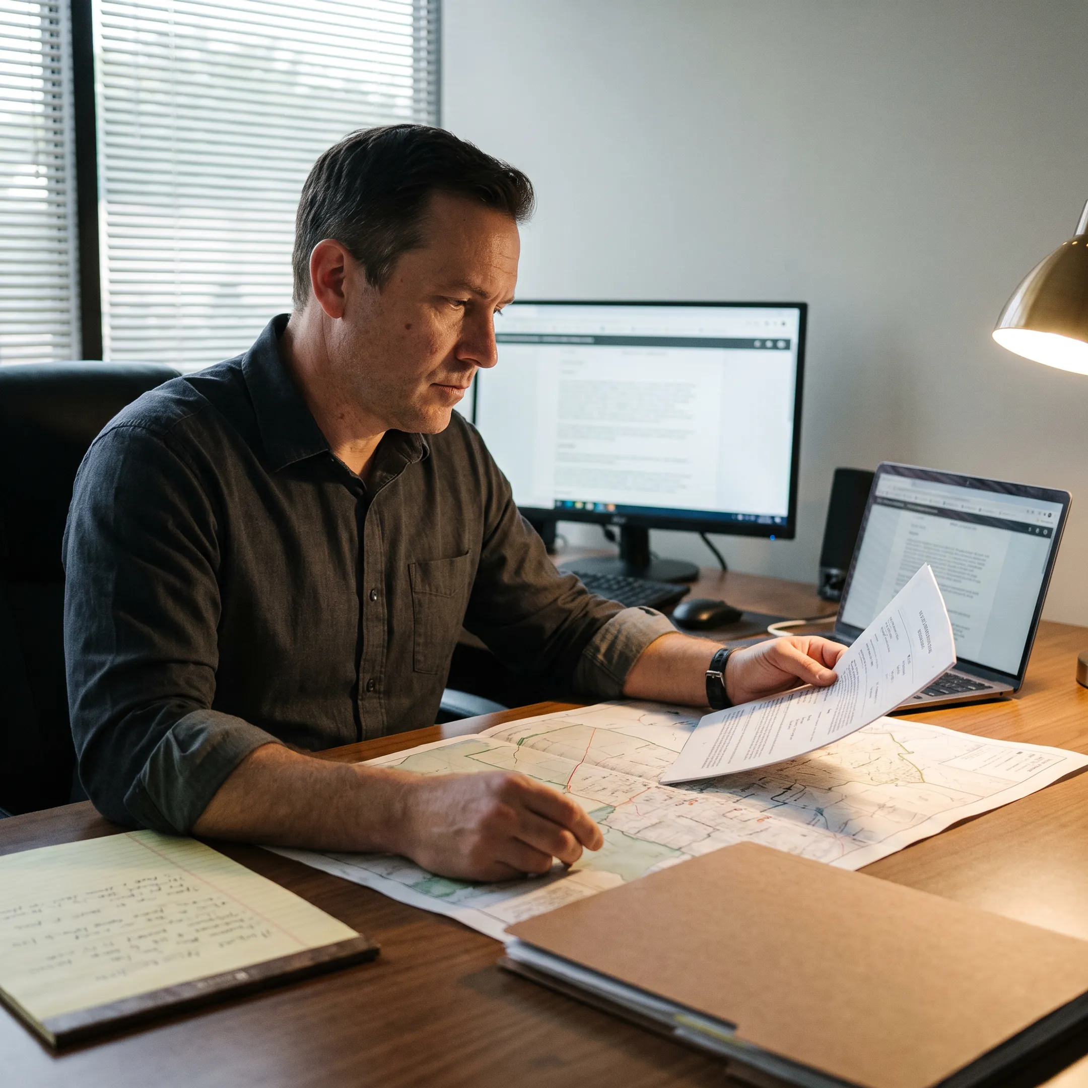 Investigator reviewing records for a skip tracing case