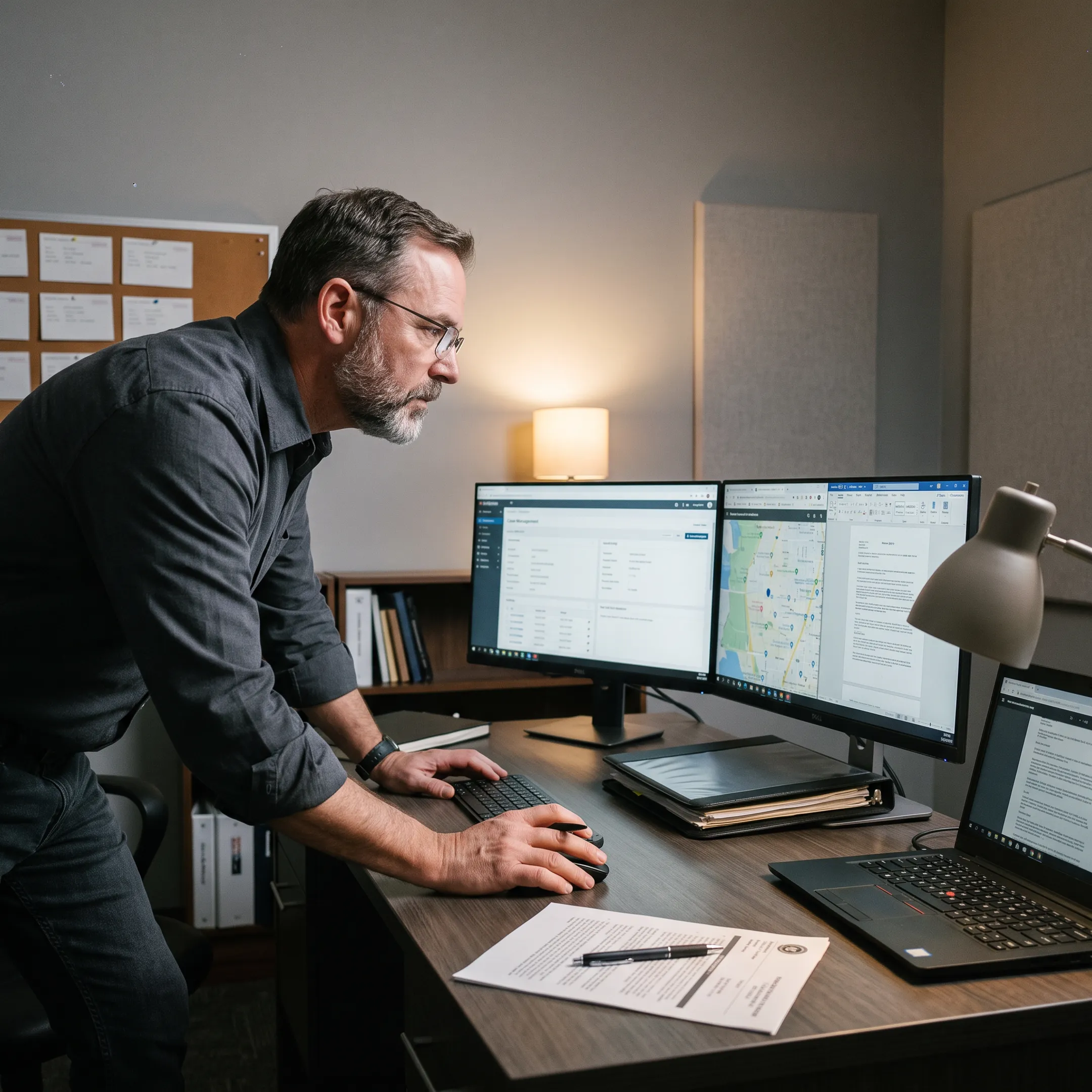 Investigator analyzing digital records and location research