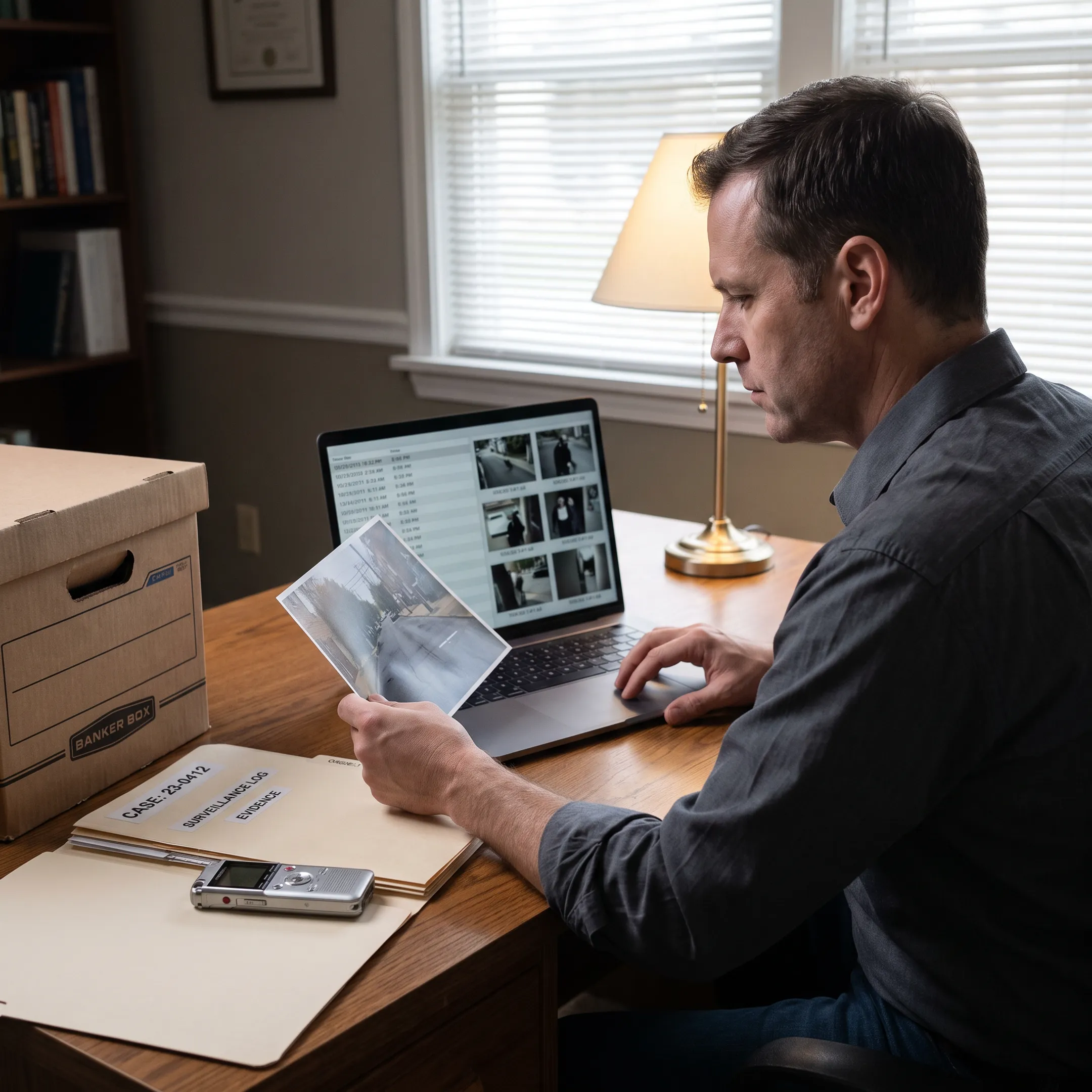 Investigator reviewing surveillance findings
