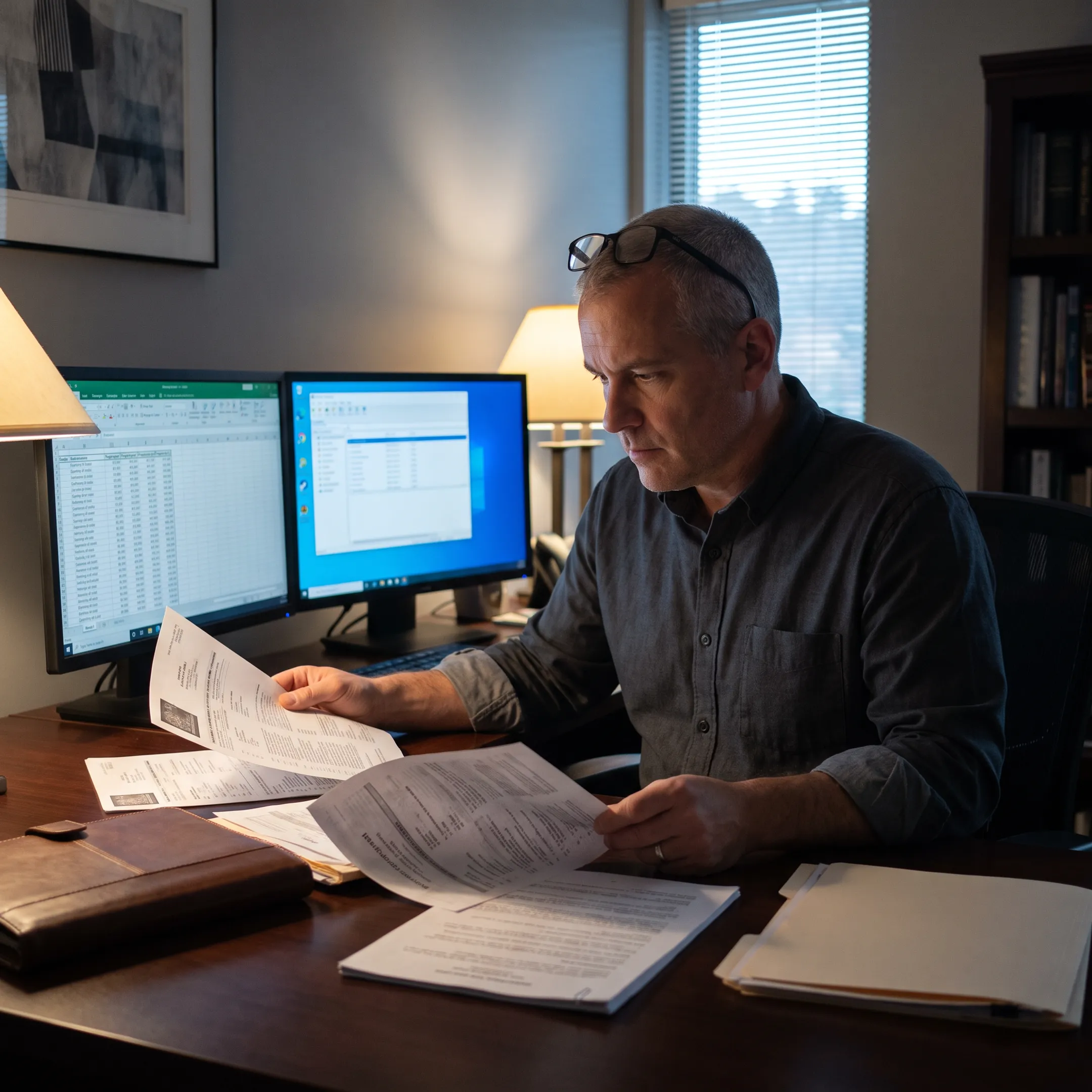 Investigator reviewing financial records for an asset search
