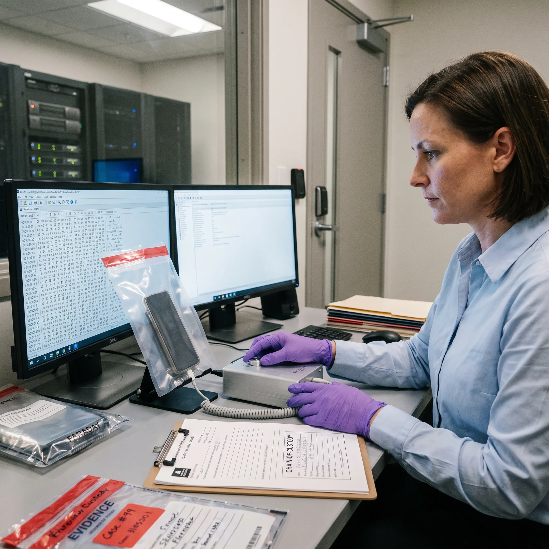 Forensic examiner reviewing mobile phone evidence