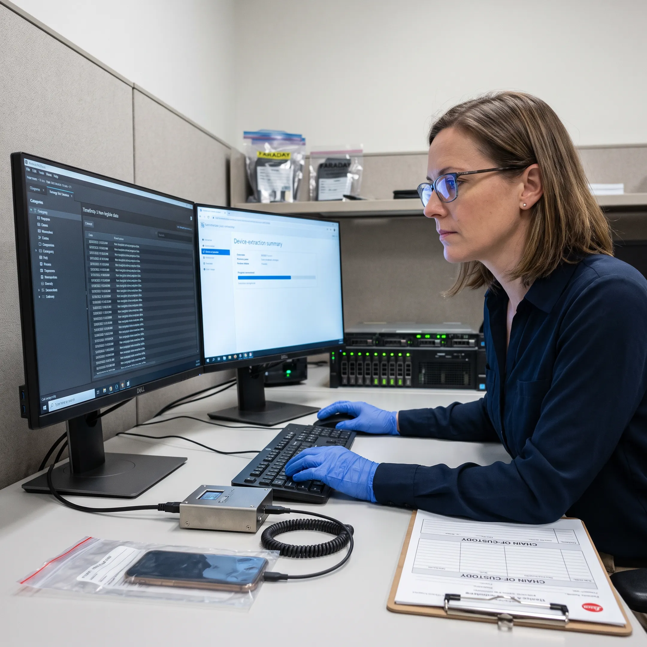 Examiner analyzing smartphone data in a forensic lab