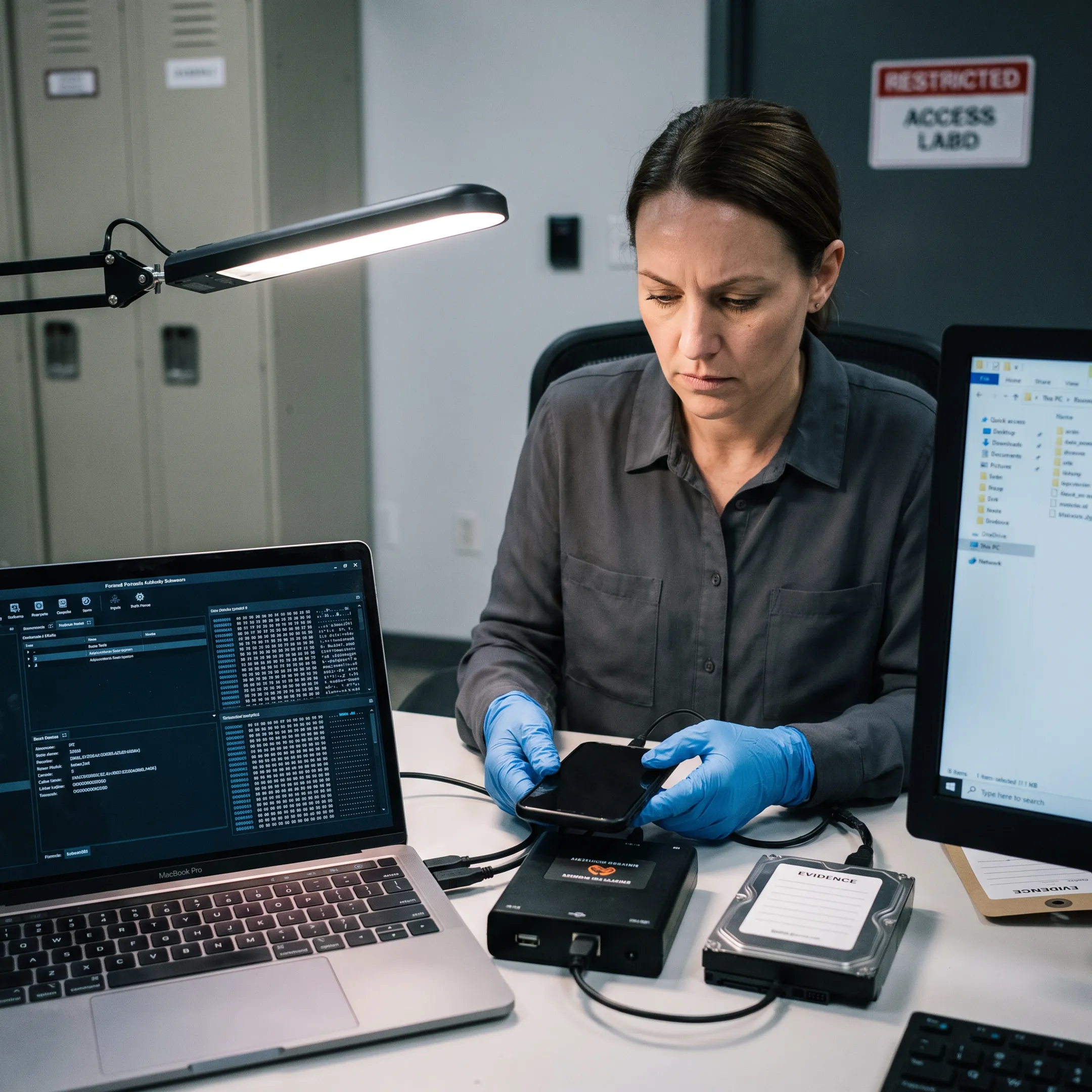 Digital forensic examiner reviewing a compromised laptop