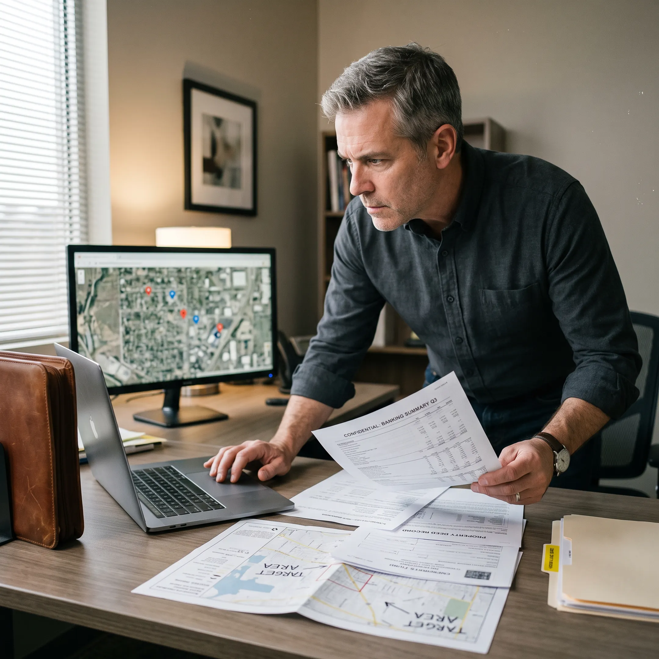 Investigator reviewing asset search records