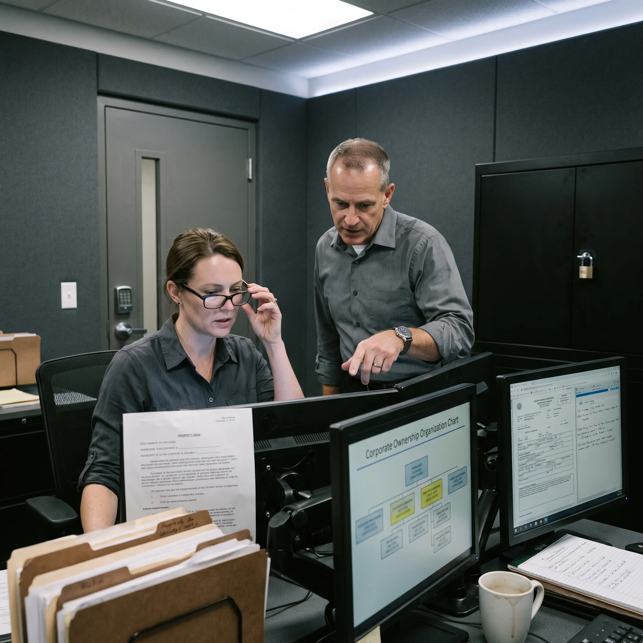 Investigator analyzing property and business records