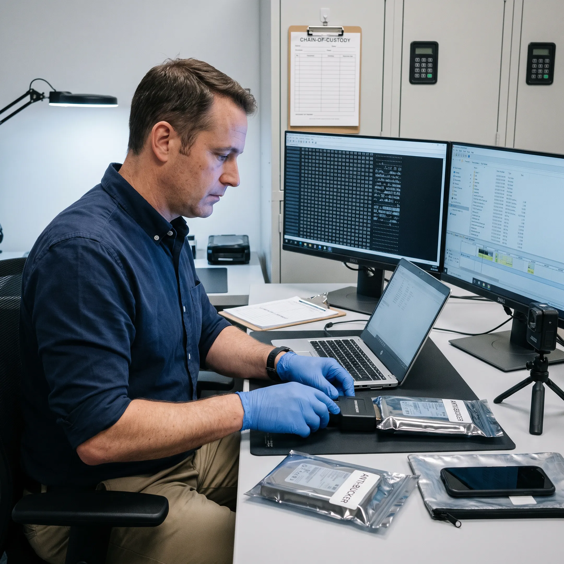 Forensic examiner analyzing a compromised laptop