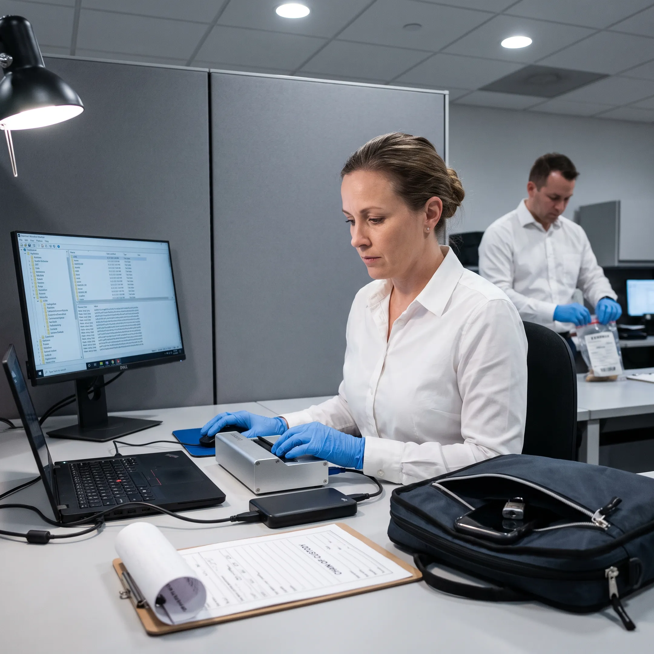 Examiner documenting digital evidence from a laptop