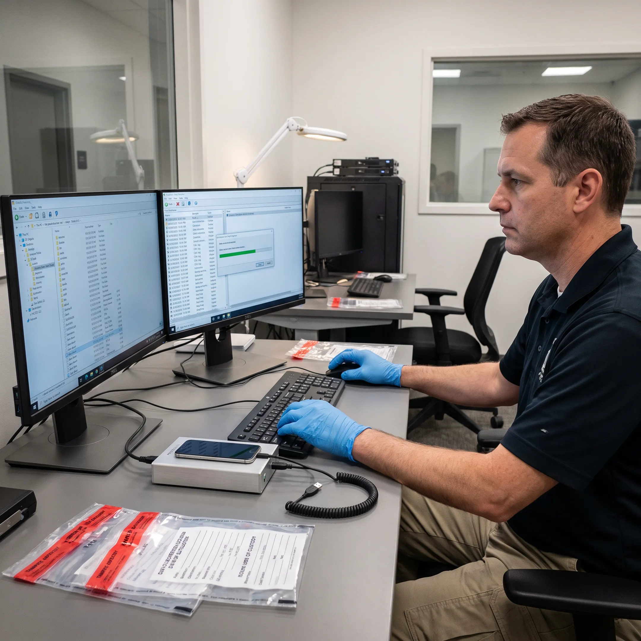 Forensic examiner analyzing smartphone evidence