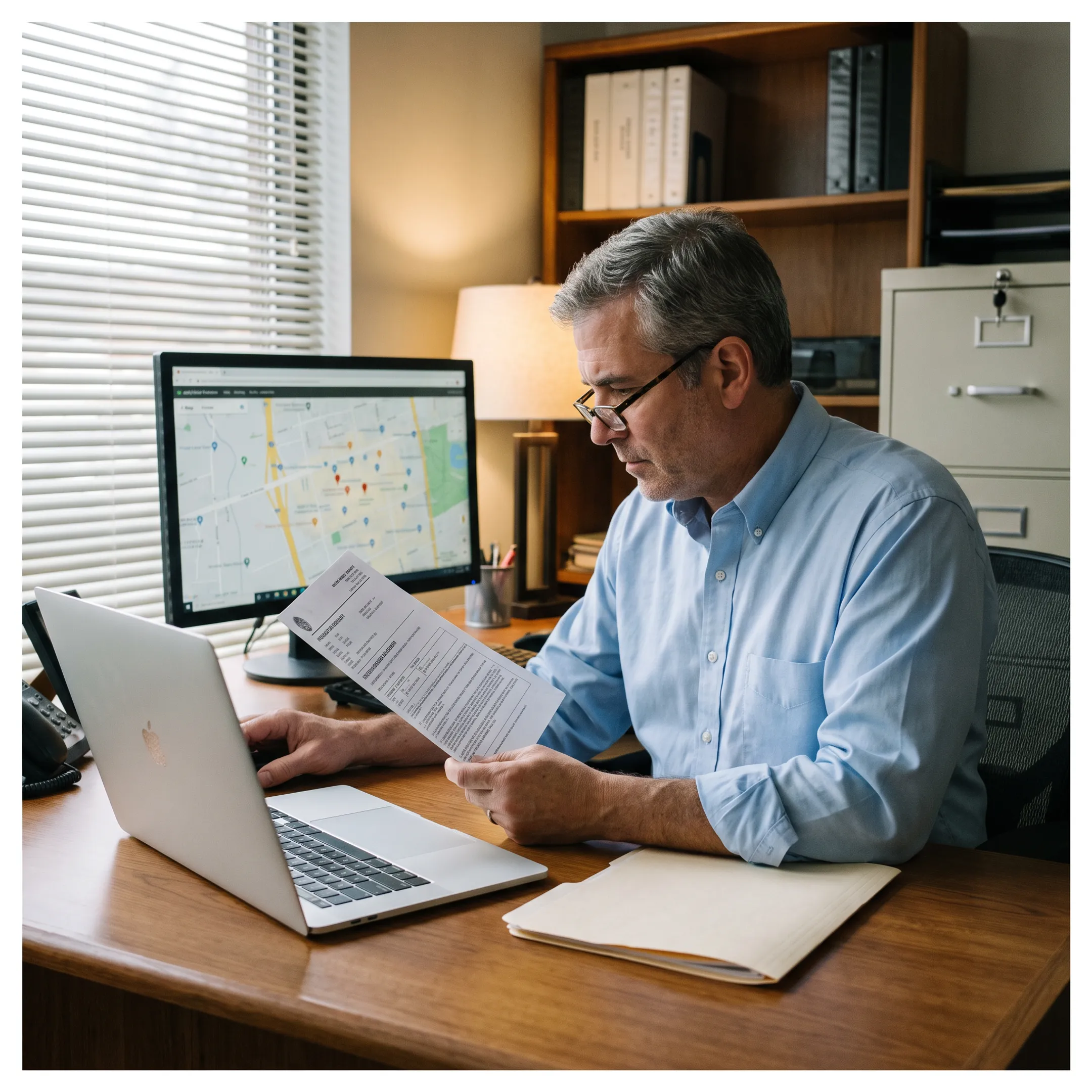 Investigator reviewing records for a skip tracing case