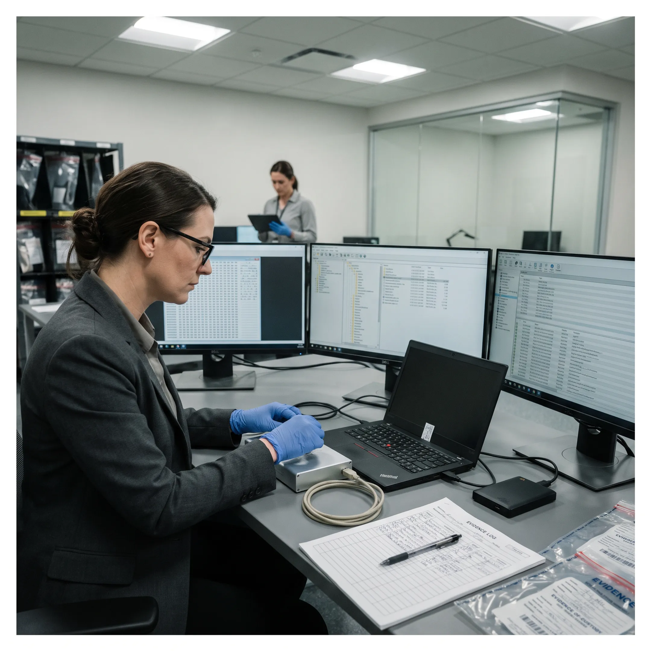 Digital forensic examiner reviewing a compromised laptop