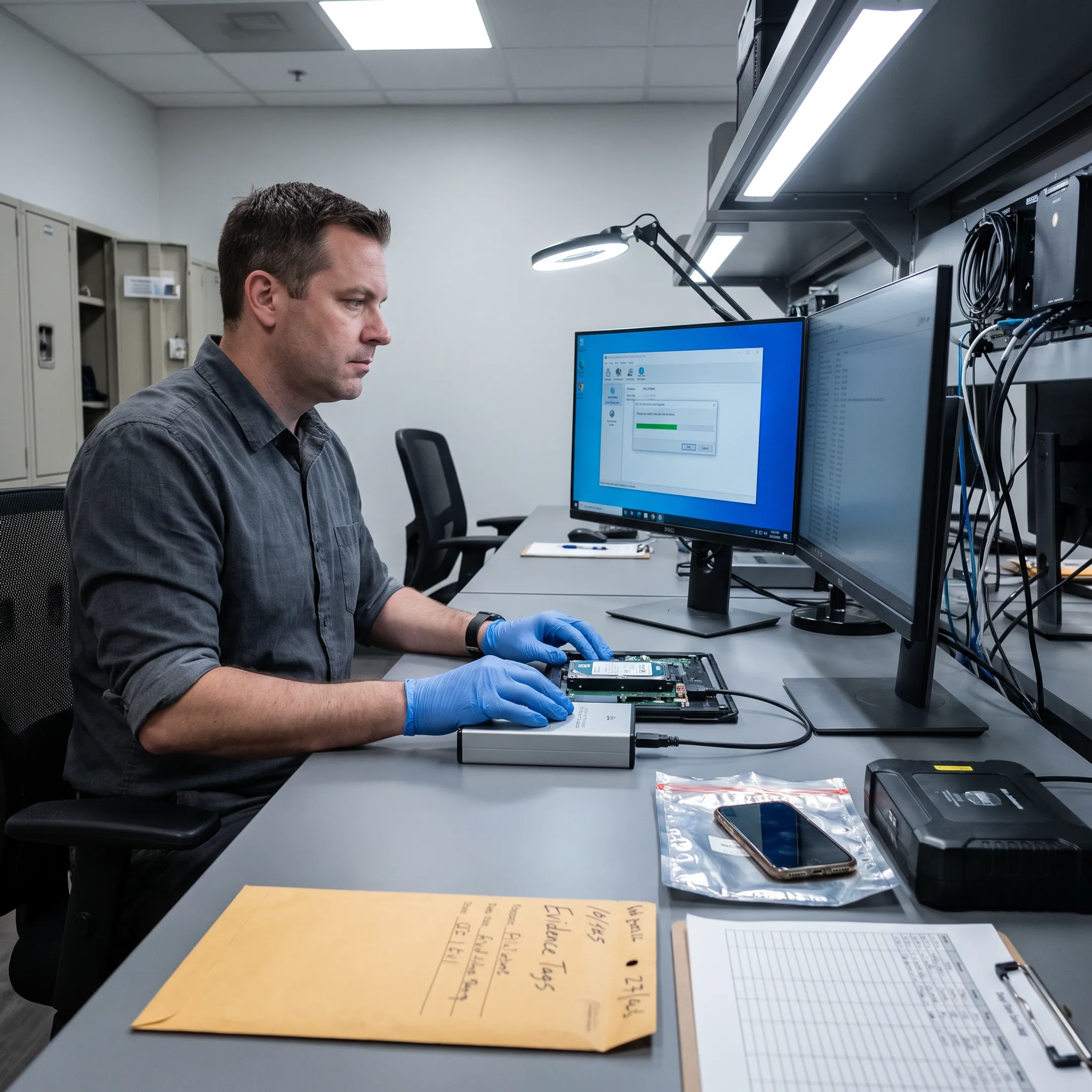 Forensic analyst examining digital evidence
