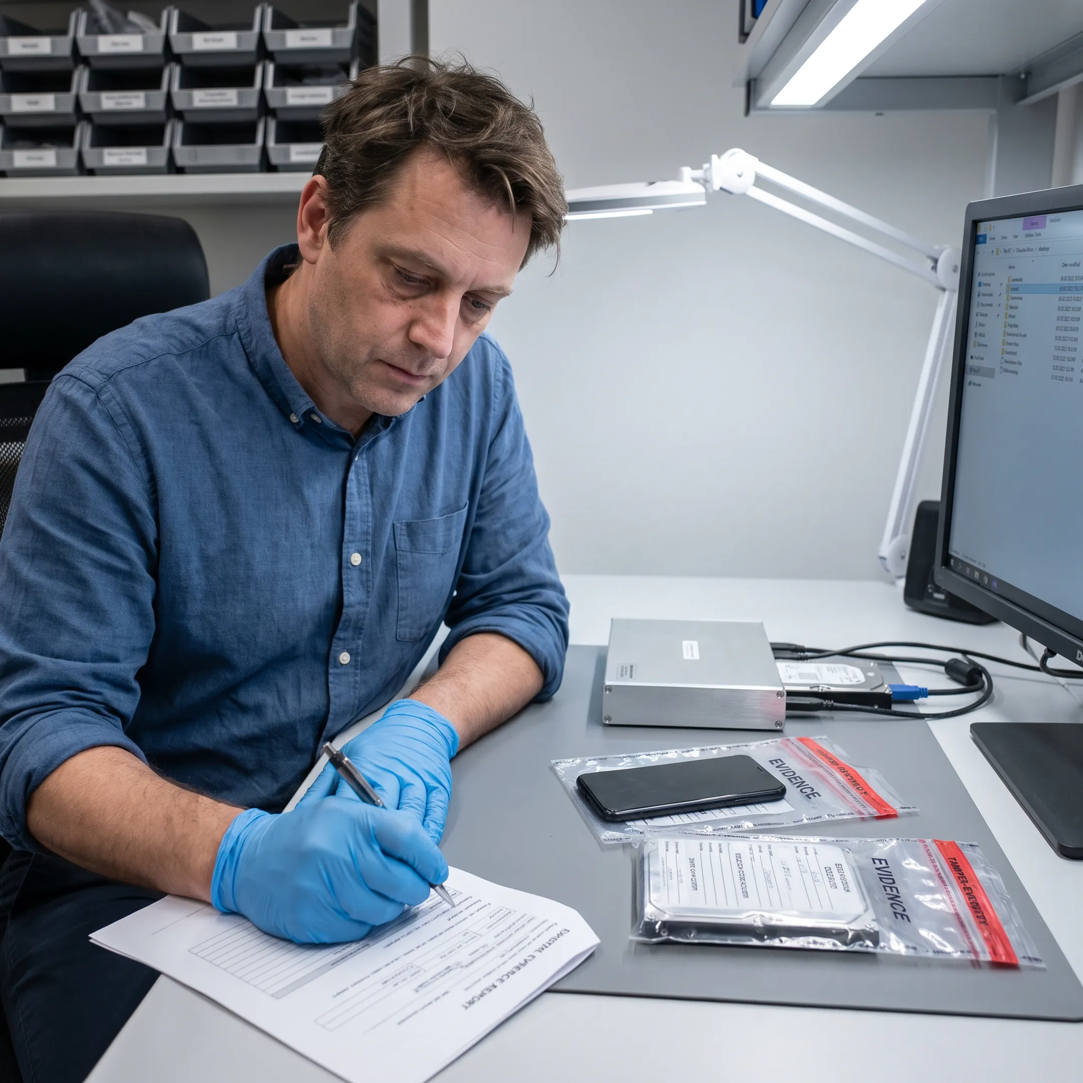 Forensic analyst documenting digital evidence