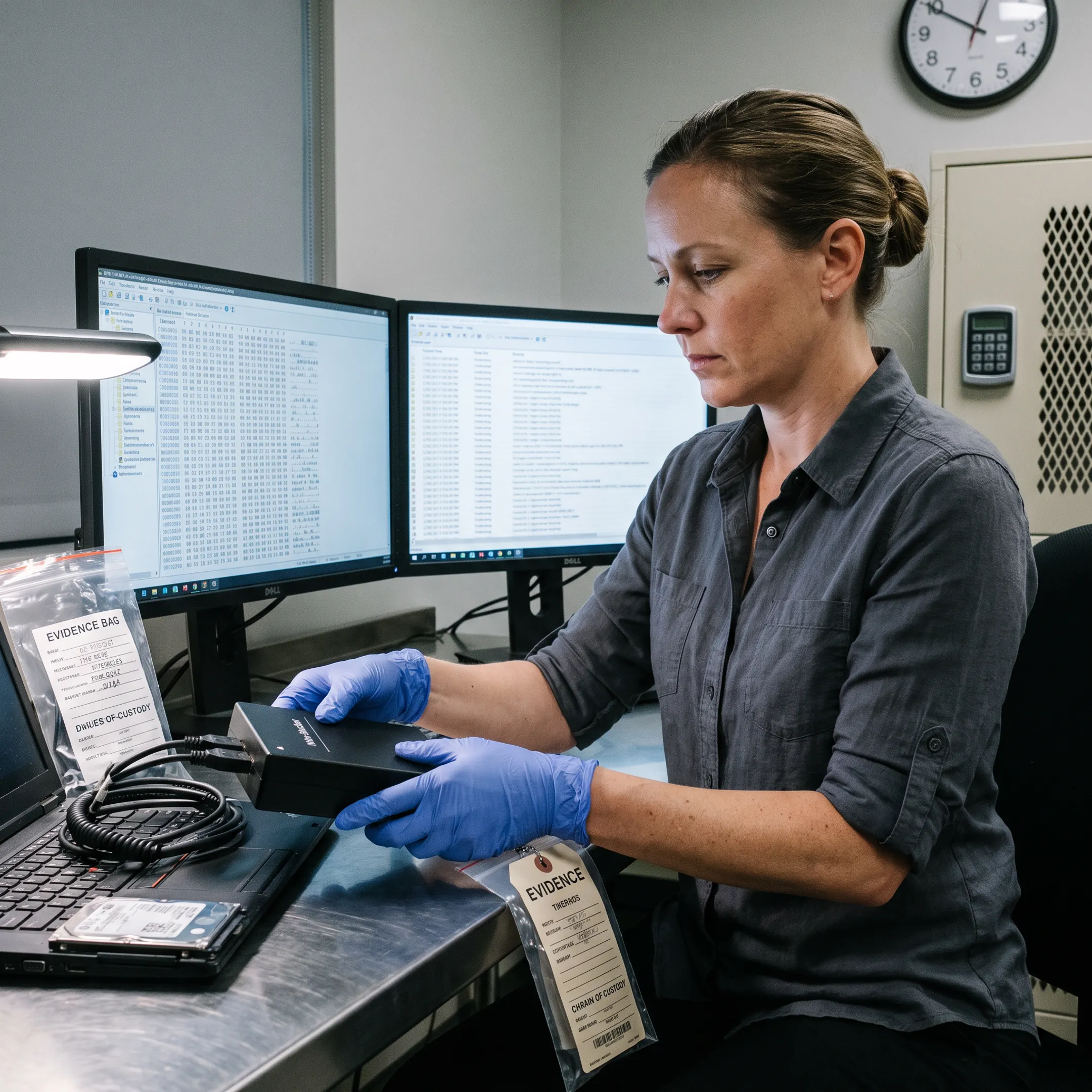 Forensic examiner analyzing a compromised laptop