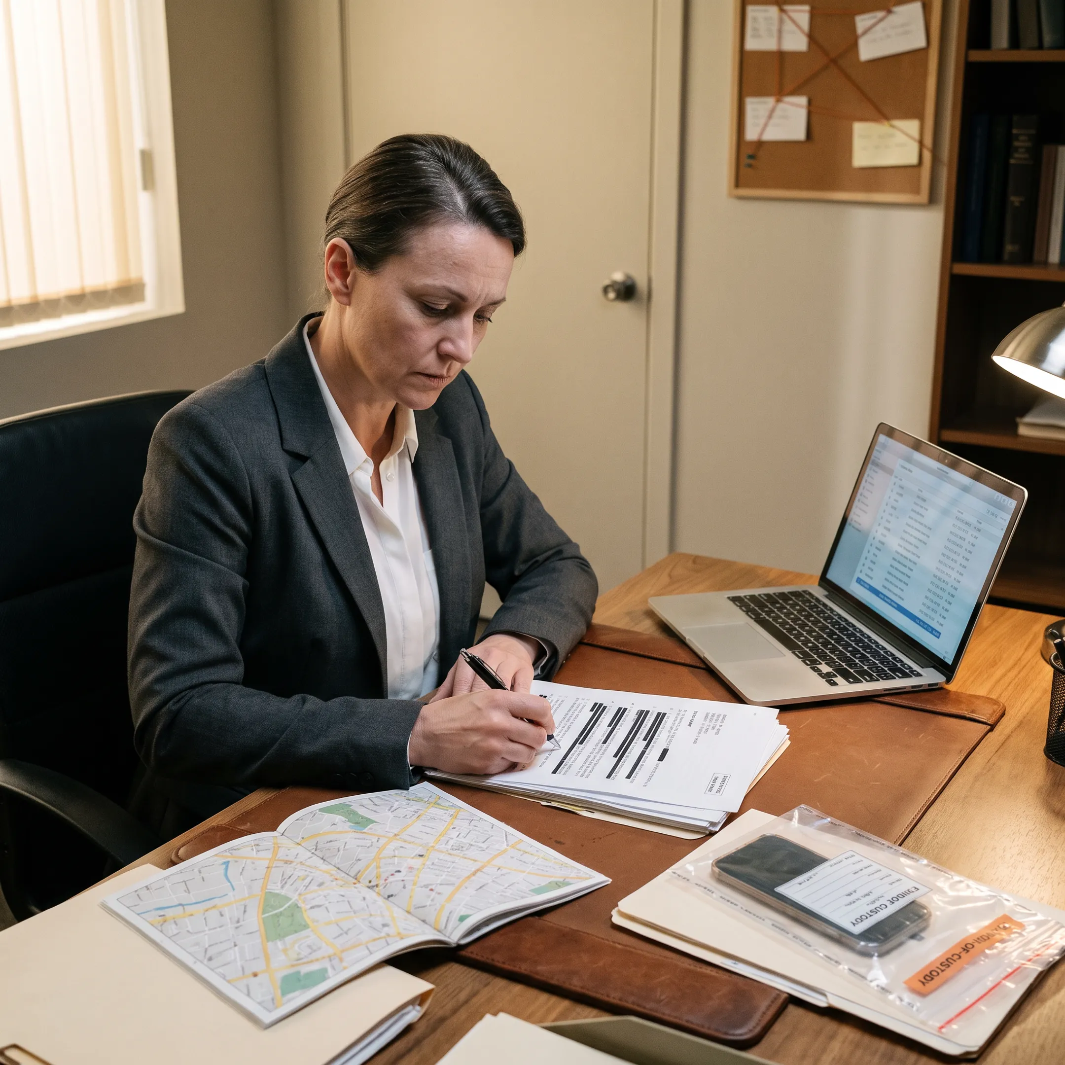 Private investigator reviewing case evidence