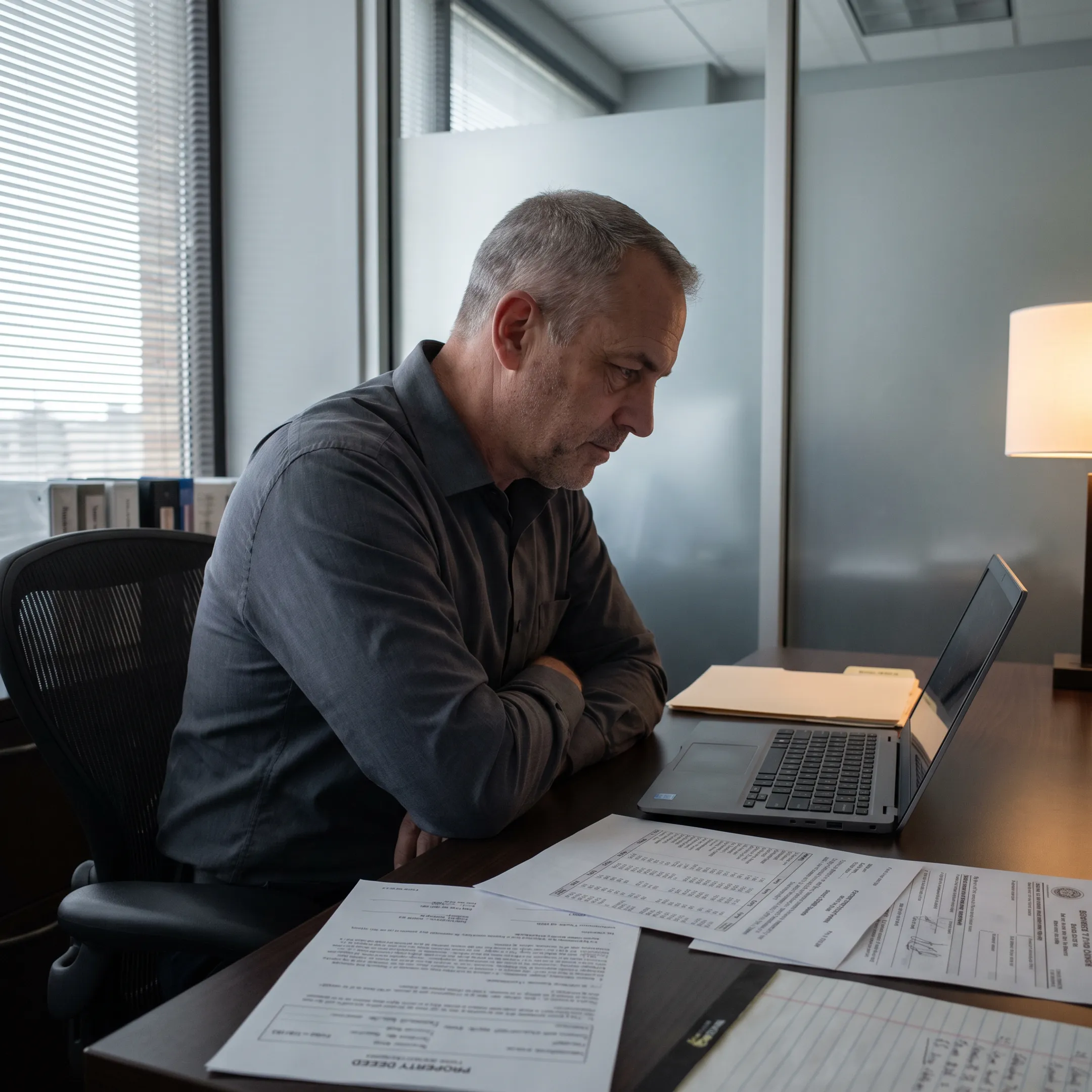 Investigator reviewing asset search records
