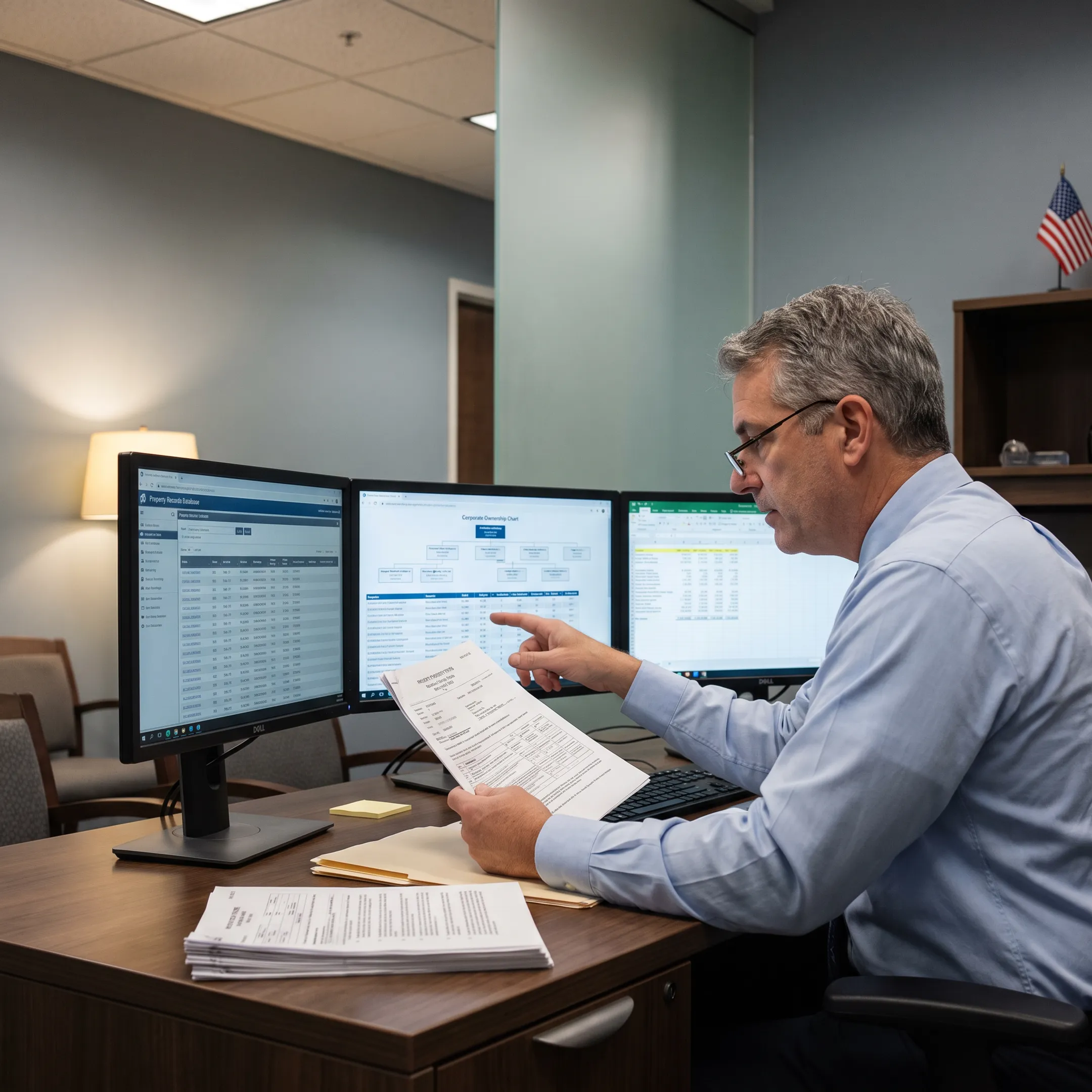 Investigator analyzing asset records