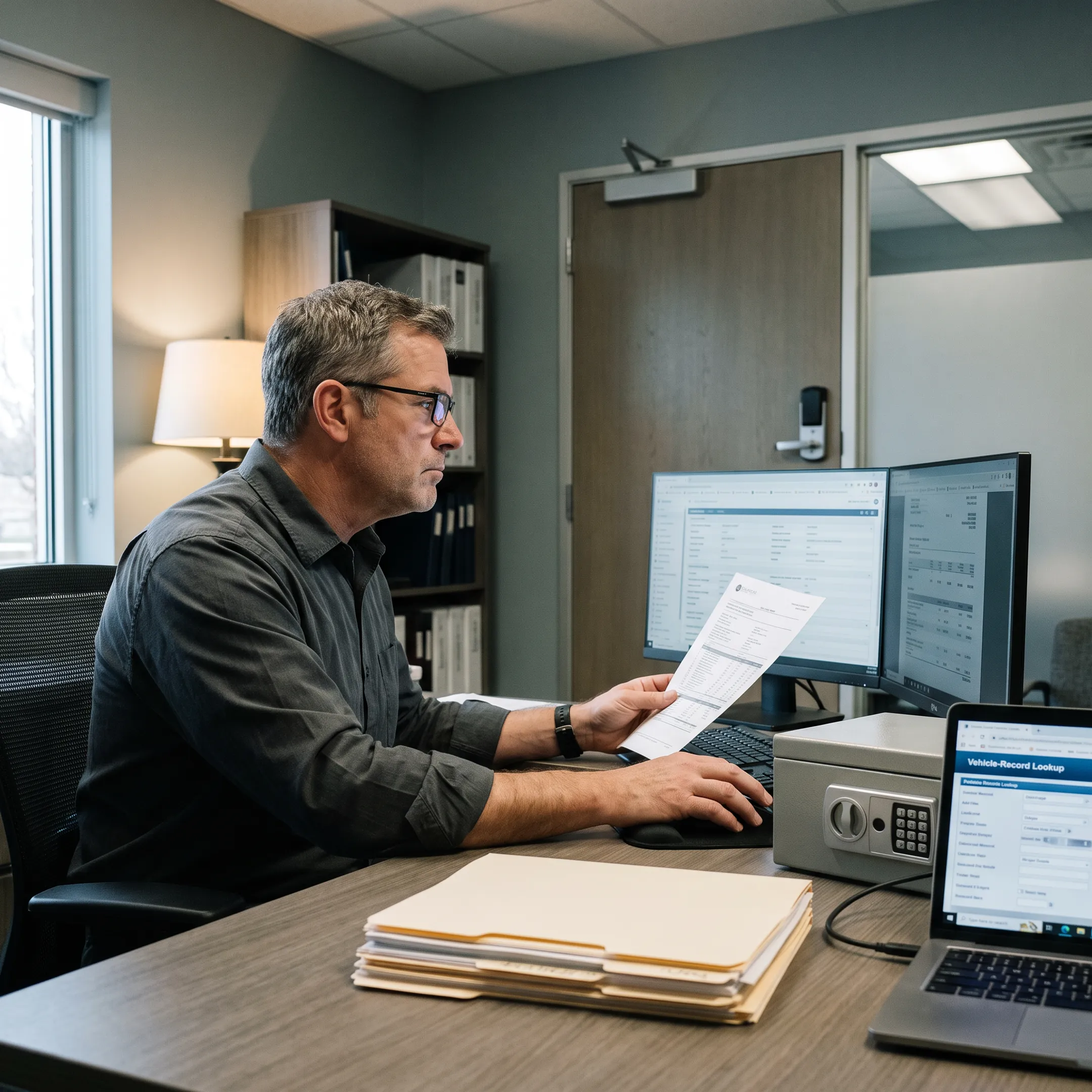 Investigator reviewing asset search records
