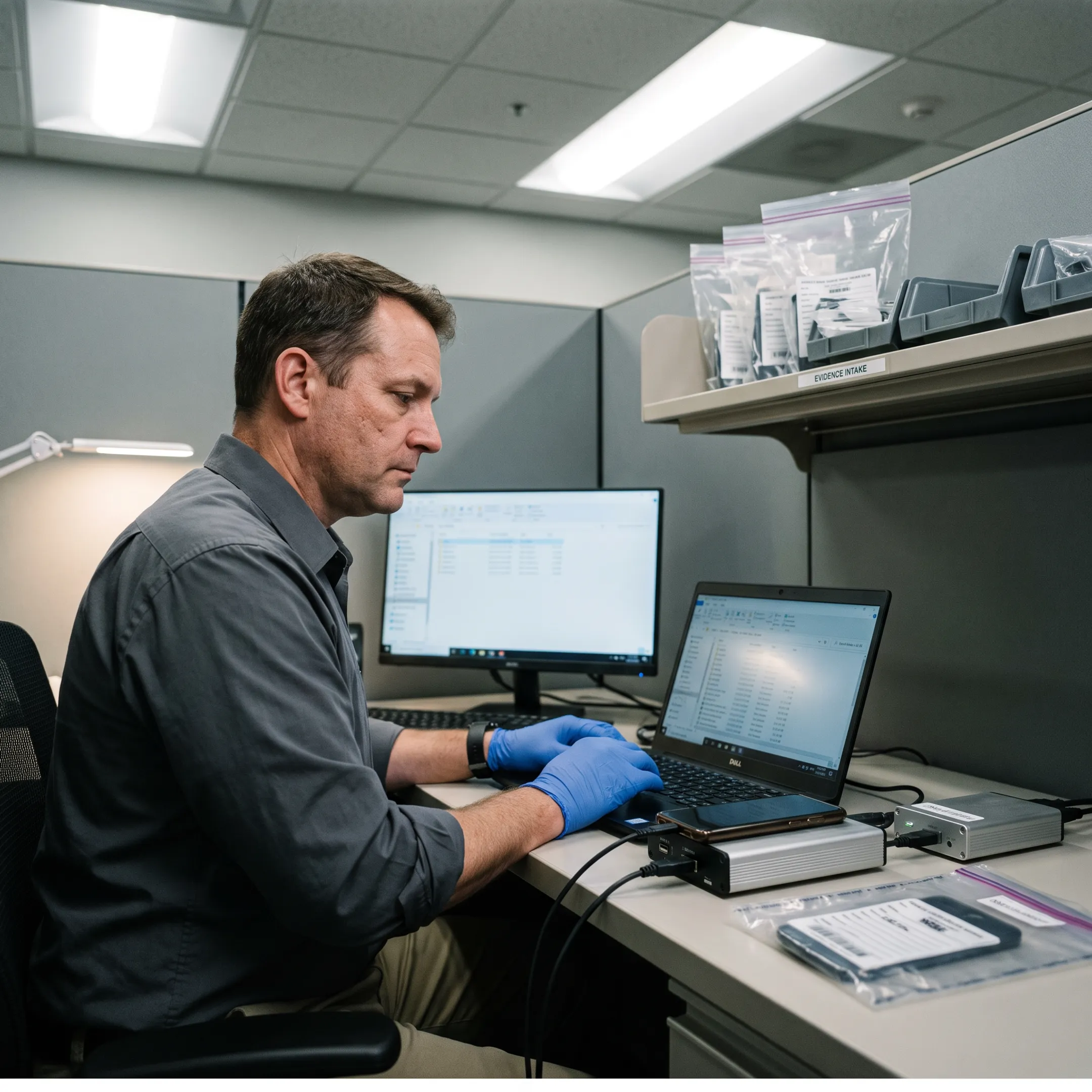 Digital forensic analyst examining electronic evidence
