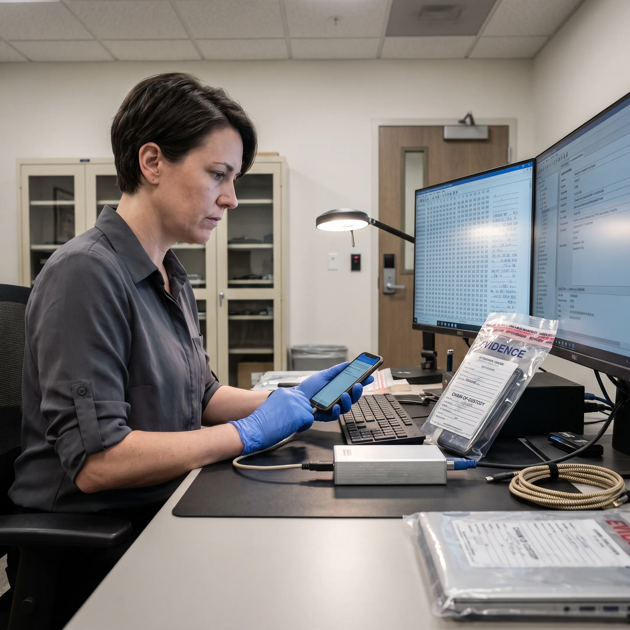 Forensic examiner reviewing smartphone evidence