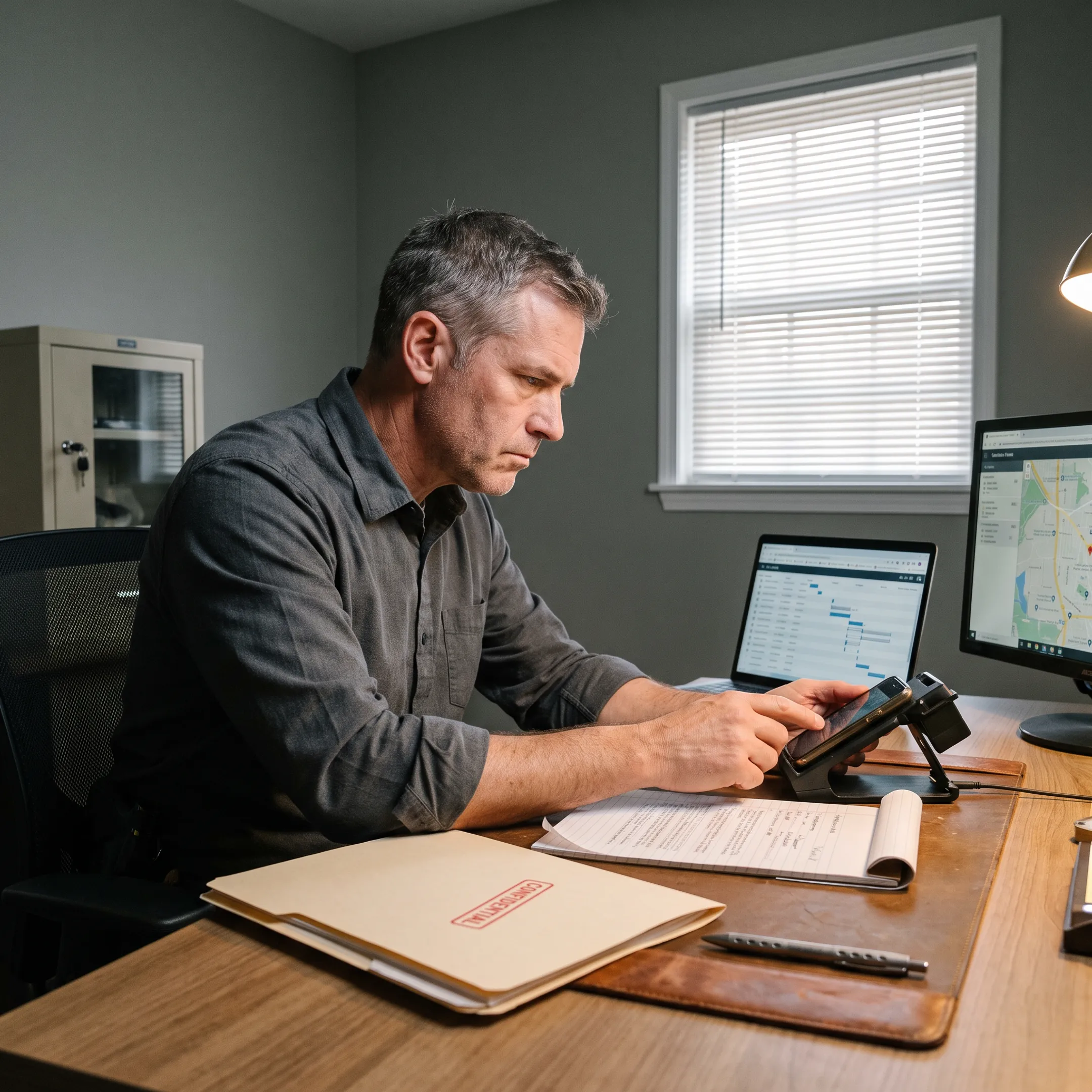 Investigator reviewing digital and case evidence
