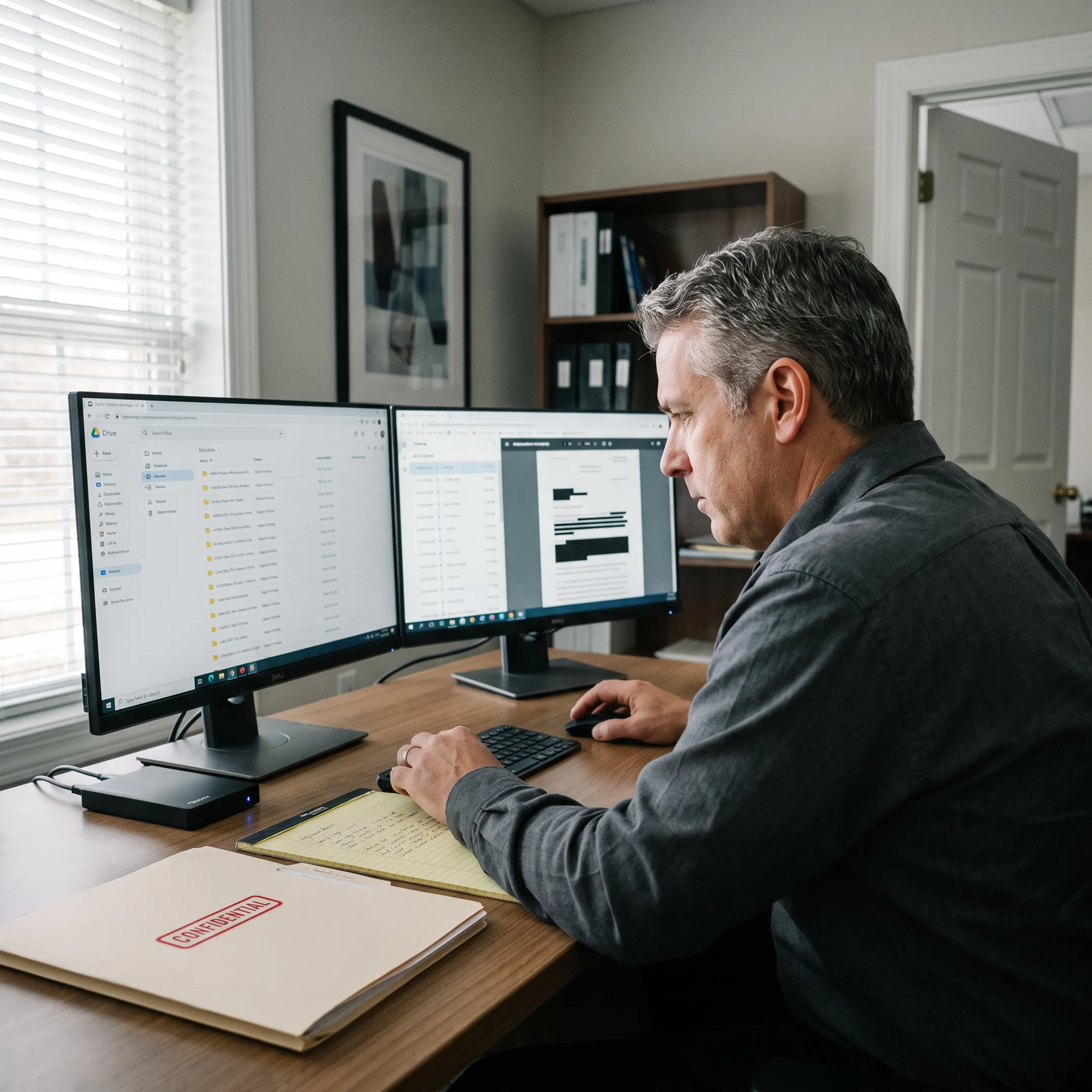 Private investigator reviewing case evidence