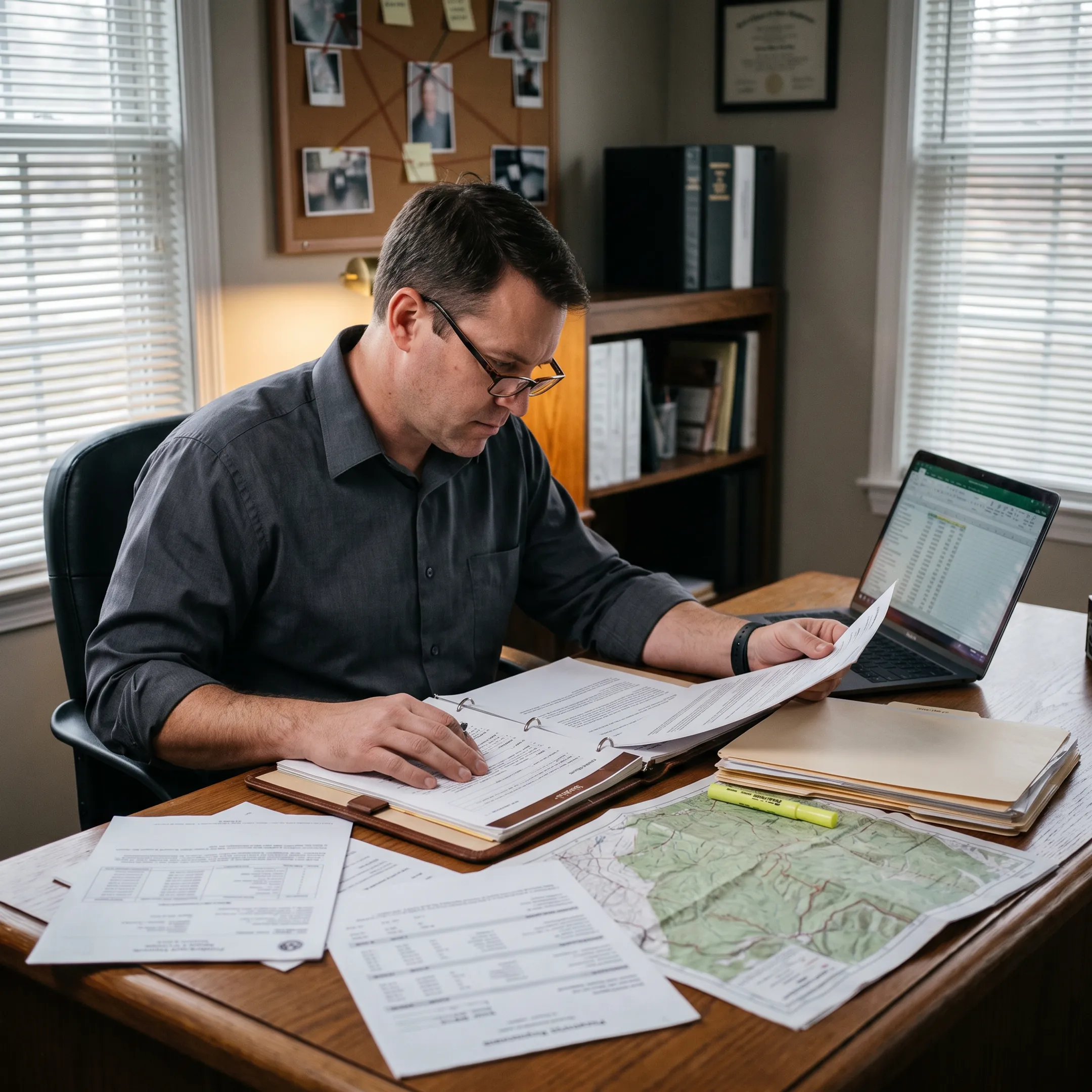 Investigator reviewing asset records for a Baltimore case