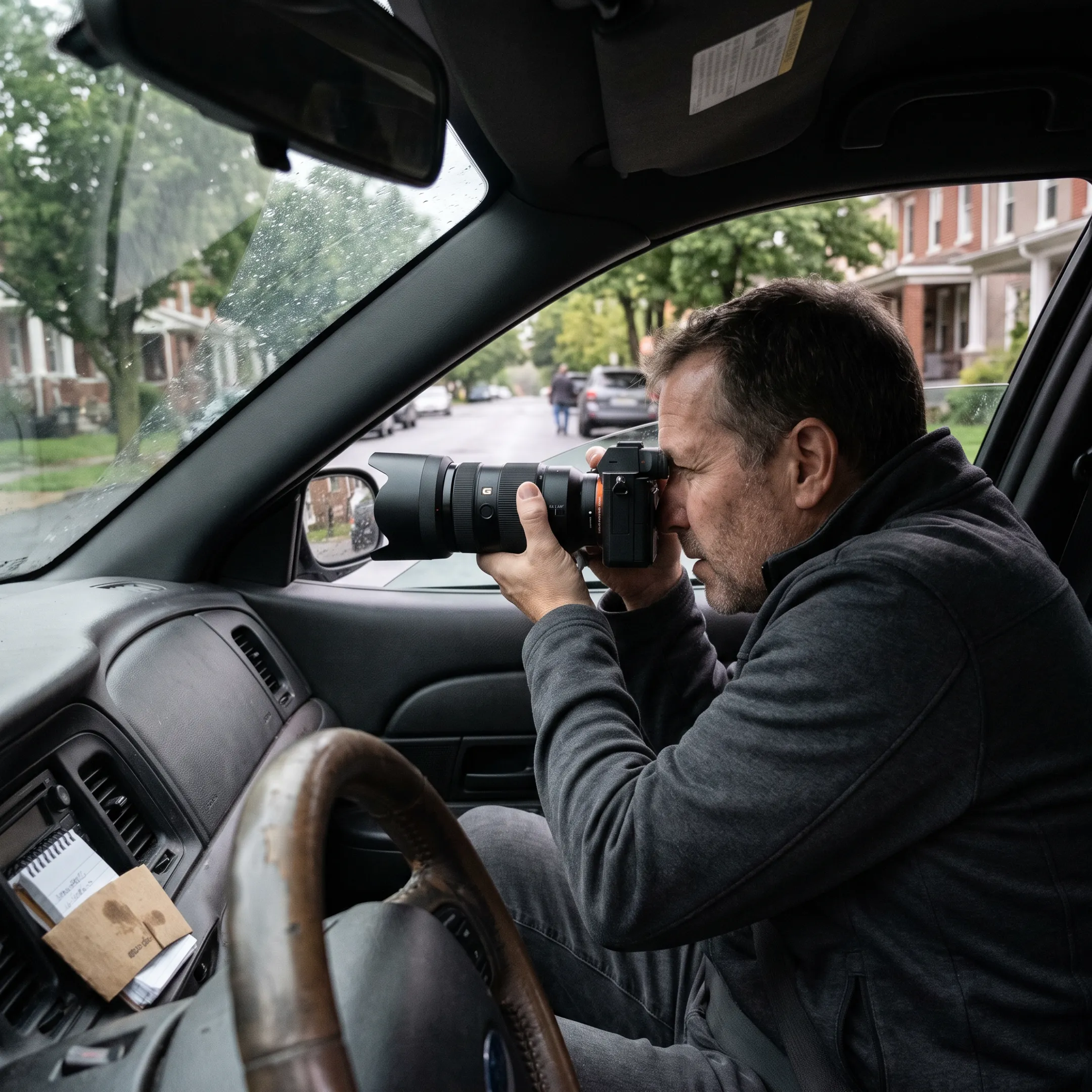 Investigator conducting discreet vehicle surveillance