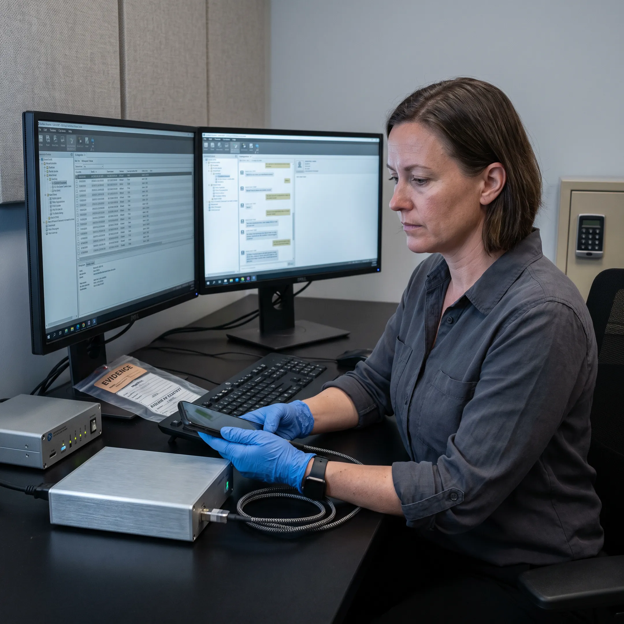 Forensic examiner reviewing smartphone evidence