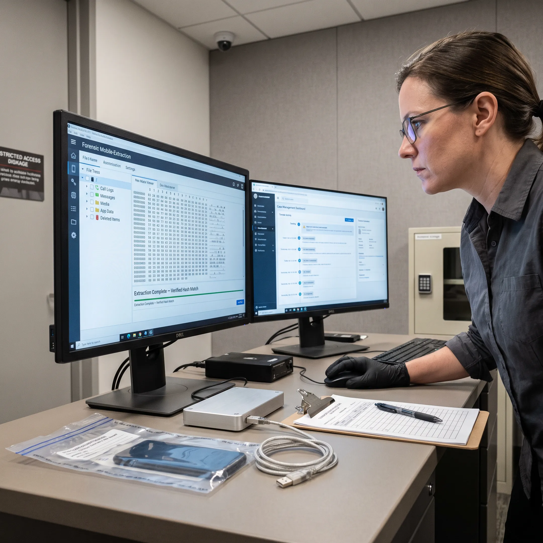 Forensic examiner analyzing smartphone evidence