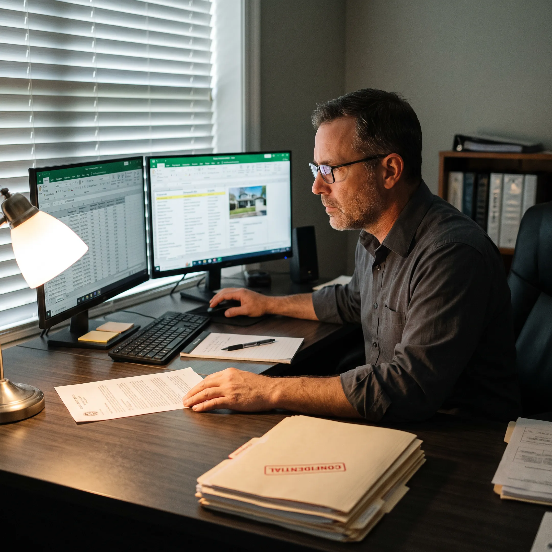 Investigator reviewing asset search records