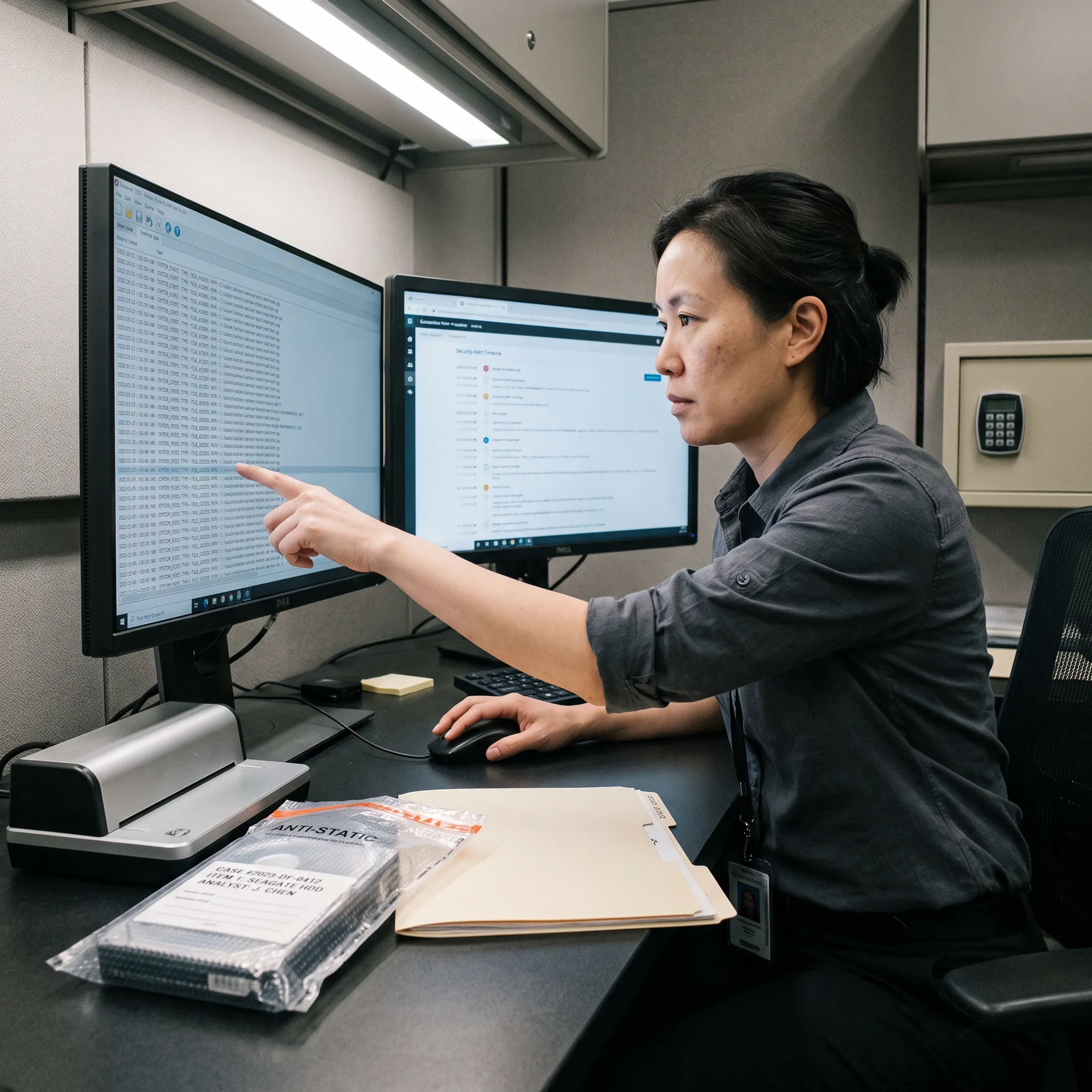 Forensic analyst investigating a cybersecurity incident