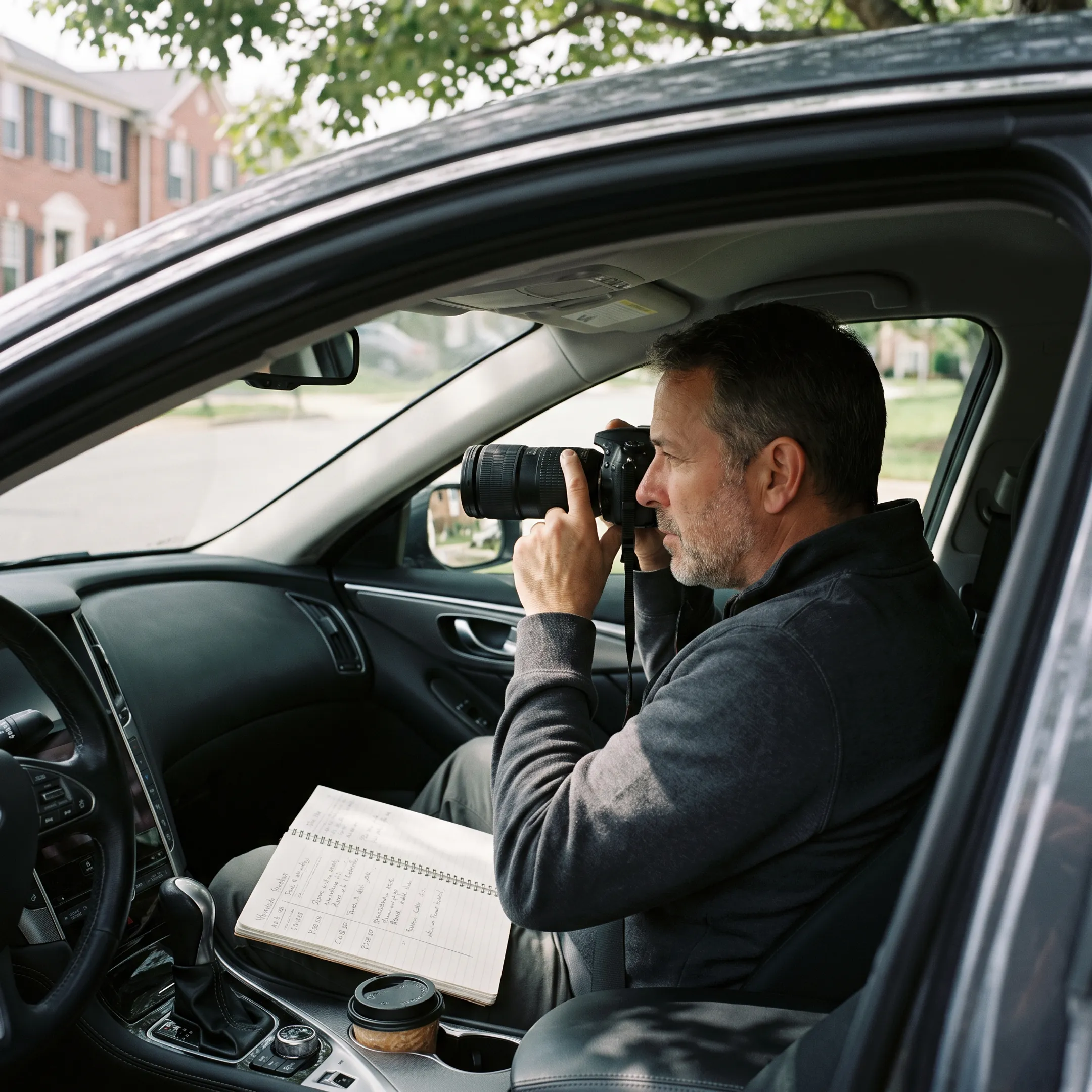 Investigator conducting discreet surveillance from a vehicle