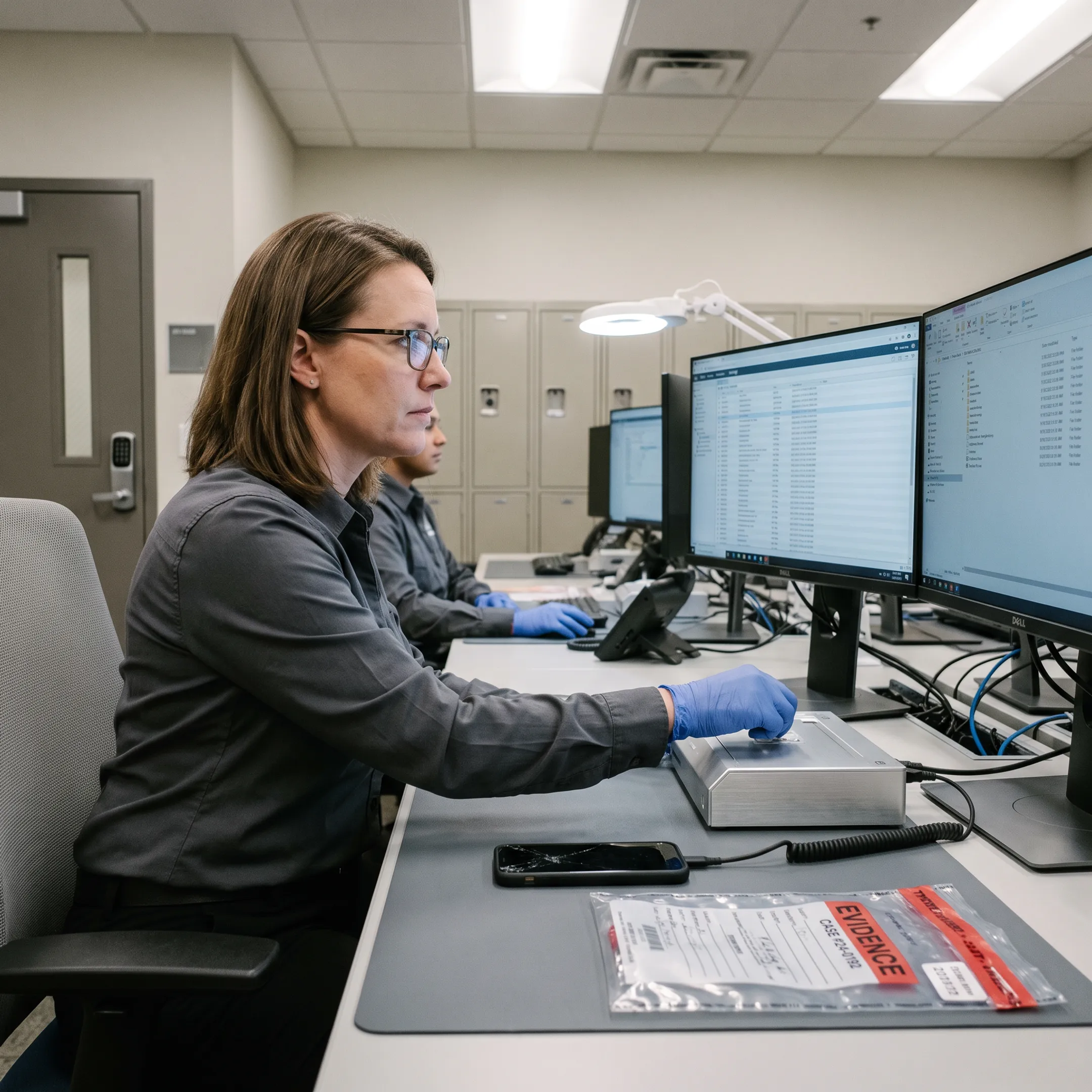 Forensic examiner analyzing smartphone evidence