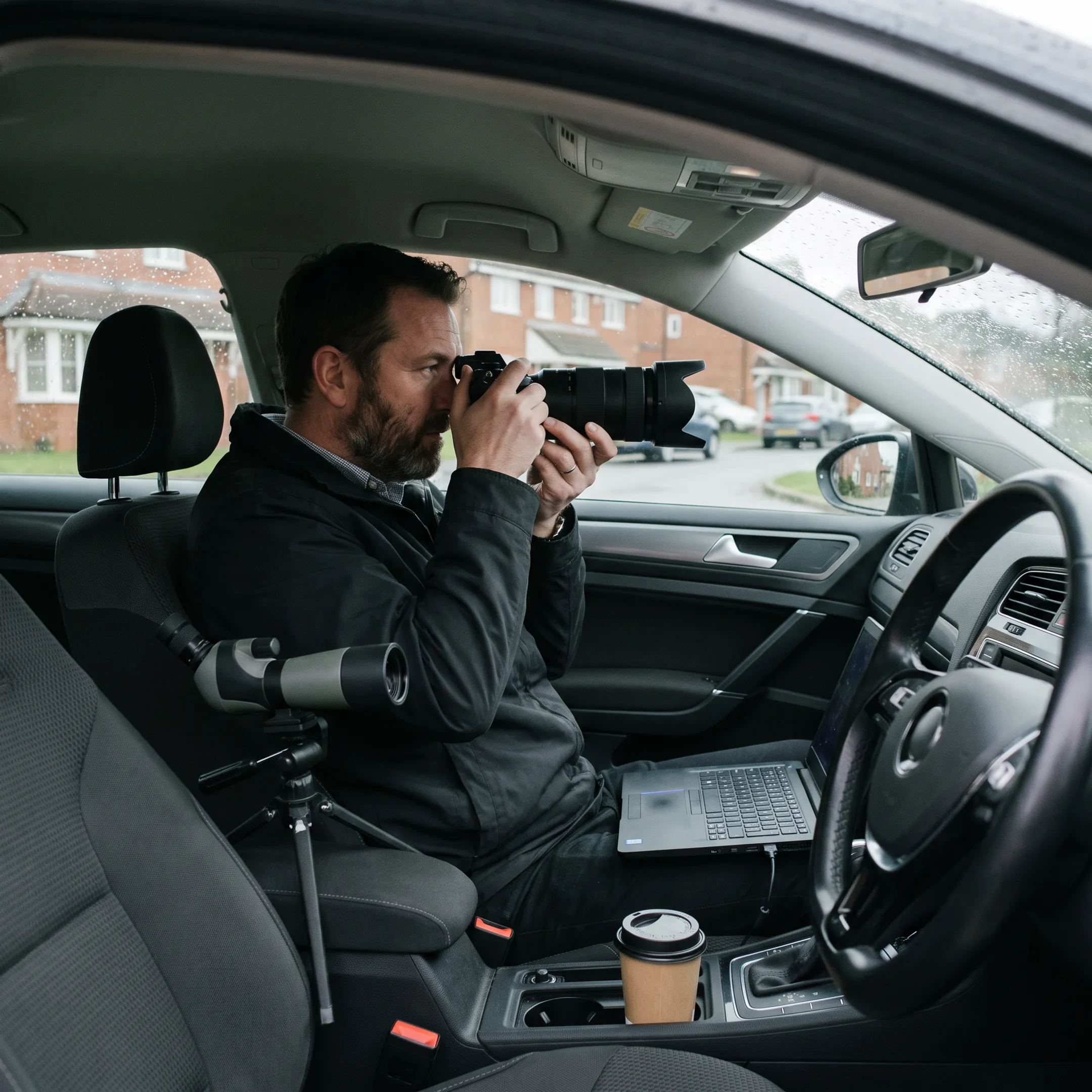 Investigator conducting discreet vehicle surveillance